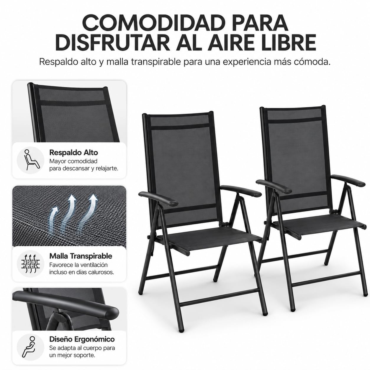 Pack de 2 Sillas Plegables de Jardín con Reposabrazos – Silla con Estructura de Acero Ligero y Tela Mesh Transpirable, Respaldo Alto y Plegable para Terraza, Patio, Jardín y Camping – Color Negro
