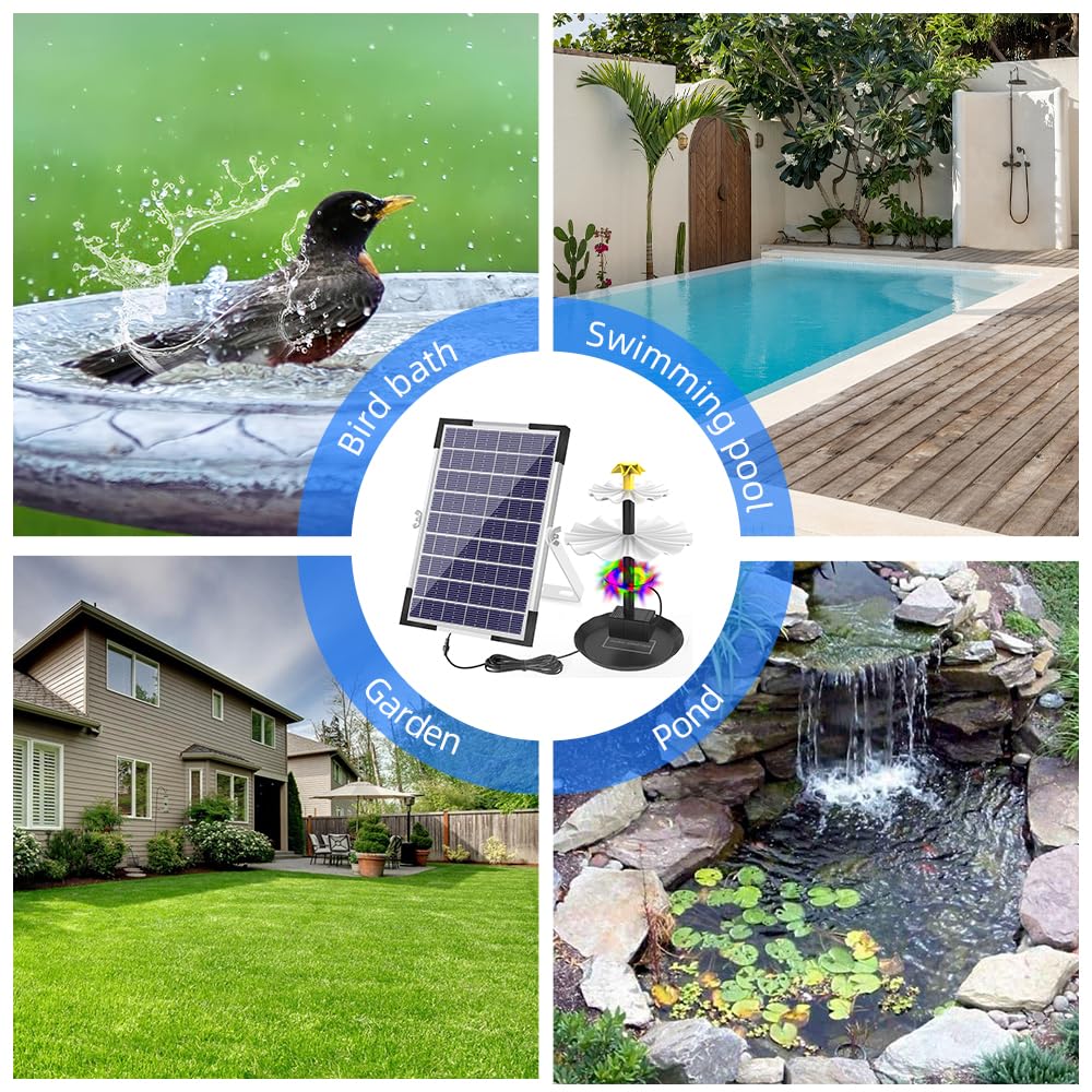 6W Solar Springbrunnen, Gartenbrunnen, Solar Brunnenpumpe für Vogelbad mit 12 LED-Leuchten 9 Düsen, eingebauter 1500-mAh-Batterie, Solar Springbrunnenpumpe für Gartenteich, Aquarium, Aquarium