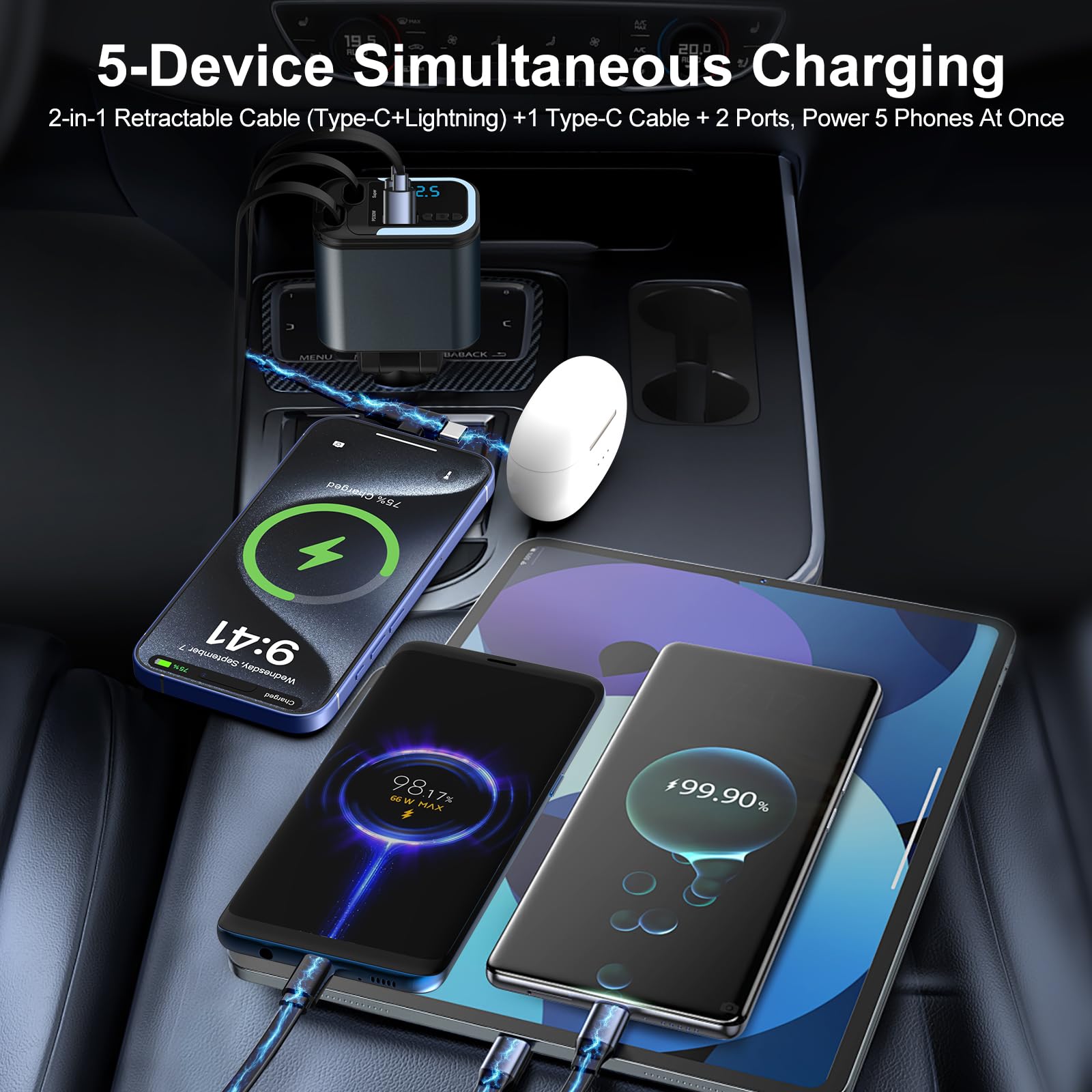 5-in-1 120W 30-Minutes Fast Flash Charging Retractable Car Charger, Wireless Bluetooth FM Transmitter, Type-C+USB-A Car Charger Adapter, Compatible with iPhone 17/16/15/14/13 Pro Max & Android Devices — view 4