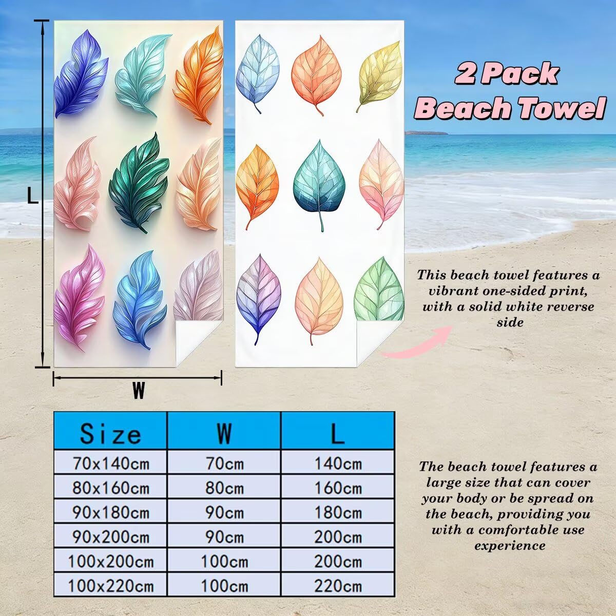 Juego de 2 Toalla Playa Grande 100x220 cm, Secado Rapido Toalla Microfibra Gimnasio, Antiarena Toallas de Playa Hoja, Grande Ligera Compacta Toallas Microfibra Mujer Hombre para Viaje Piscina -5078