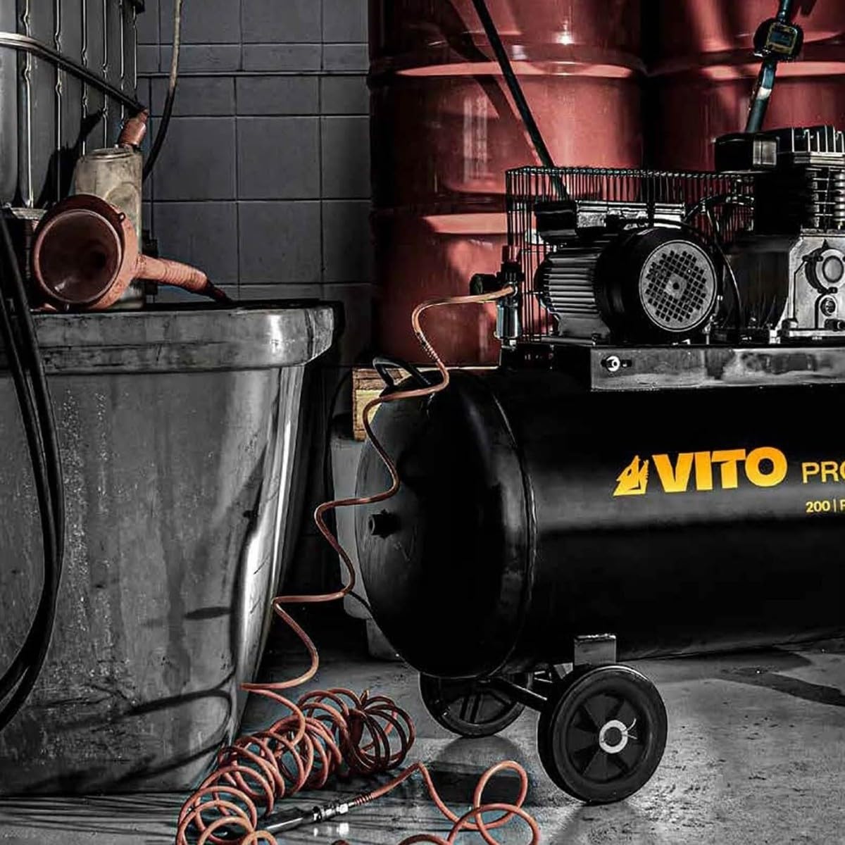 VITO - Compresseur d'Air 200L Professionnel 3000W 4CV 230V - 10 Bar - Débit 400L/min - Entraînement par Courroie - Moteur Lubrifié Idéal Atelier et Industrie - Mobile sur Roues