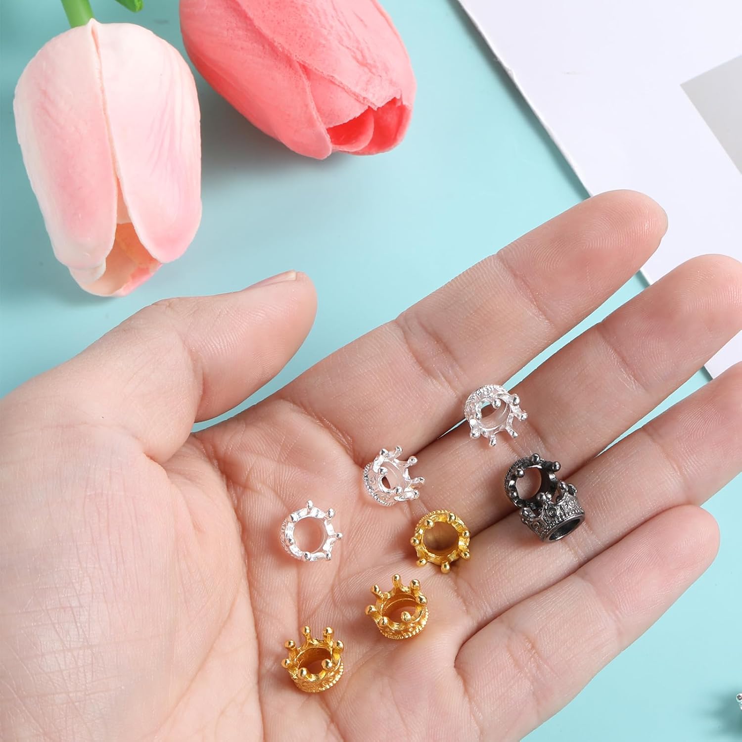 Crown Charms, 60 Pcs Mini Crowns for Crafts Small 3D Alloy King Crown Beads Large Hole Spacer Beads for DIY Jewelry Necklace Bracelet Making Supplies (Gold, Silver, Black) - Image 5