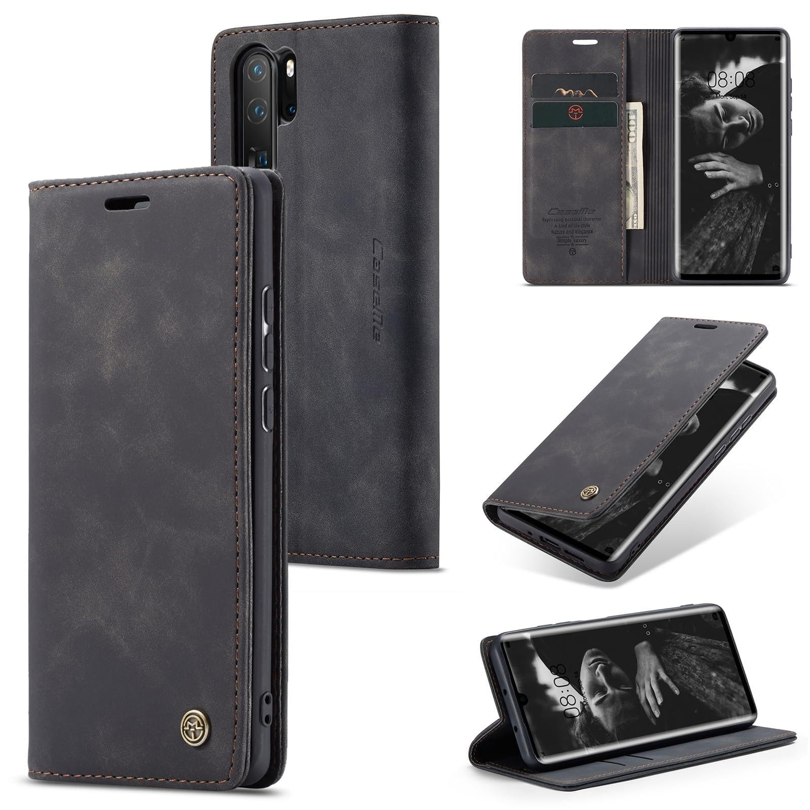 Etui do Huawei P30 Pro, portfel ze skóry PU, z uchwytem na karty, Kompatybilny Kabura magnetyczna, odporne na wstrząsy etui na telefon z klapką do Huawei P30 Pro, Czarne