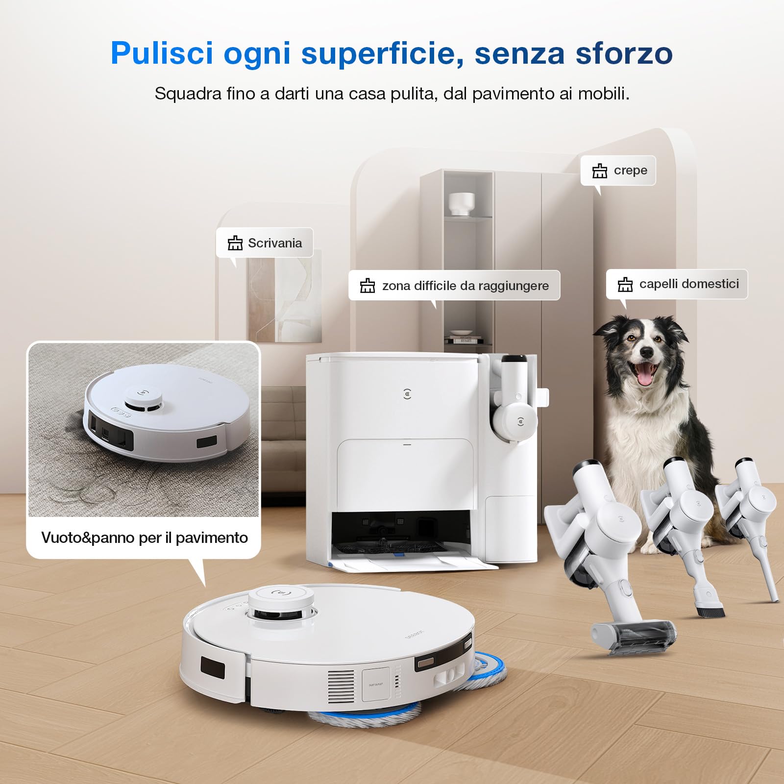 ECOVACS Robot Lavapavimenti e Aspirapolvere DEEBOT T30S COMBO con Hub di Pulizia All-in-One, Doppio Auto-svuotamento, 11000Pa, Anti-grovigli, Lavaggio Mocio ad Acqua Calda a 70°C, Sollevamento Mop 9mm