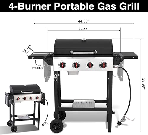 Miniatura 6 de Parrillas de gas de 4 quemadores, parrilla de gas propano para cocinar al aire libre, parrilla de barbacoa portátil con rejilla de hierro fundido