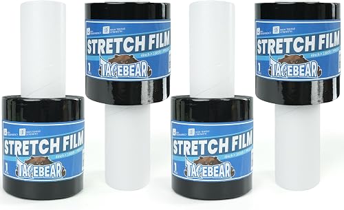 TAPEBEAR Film étirable noir 100mm x 305m - 4 Rouleaux - 60 Microns - Pour emballage professionnel, palettes, déménagement - Adhésif auto-agrippant - Poignée intégrée - 1