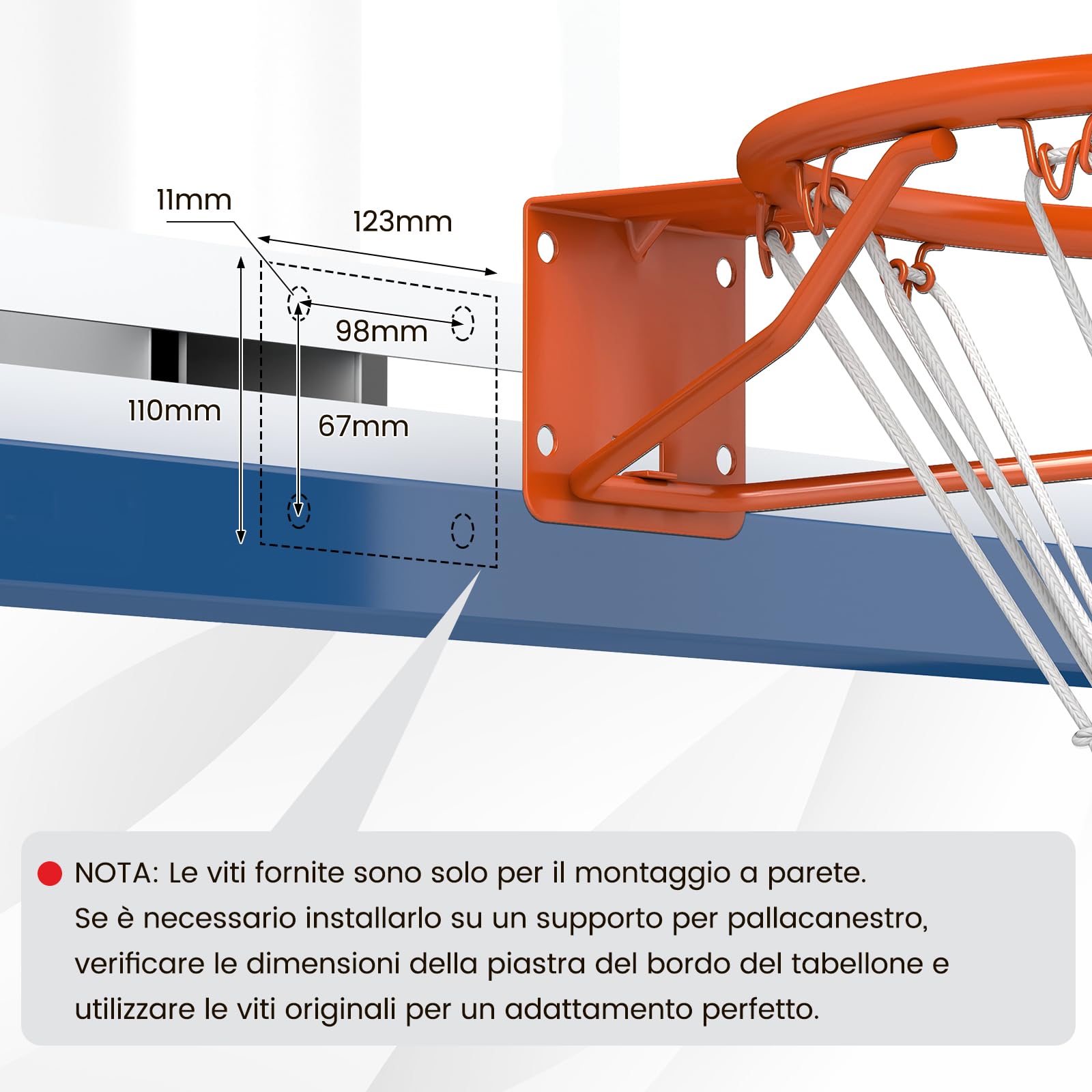 COSTWAY Canestro da Basket a Parete 45 CM, Anello da Pallacanestro da Muro con Doppia Molla, Rete Resistente e 12 Anelli, Cerchio Universale da Basket per Interno ed Esterno