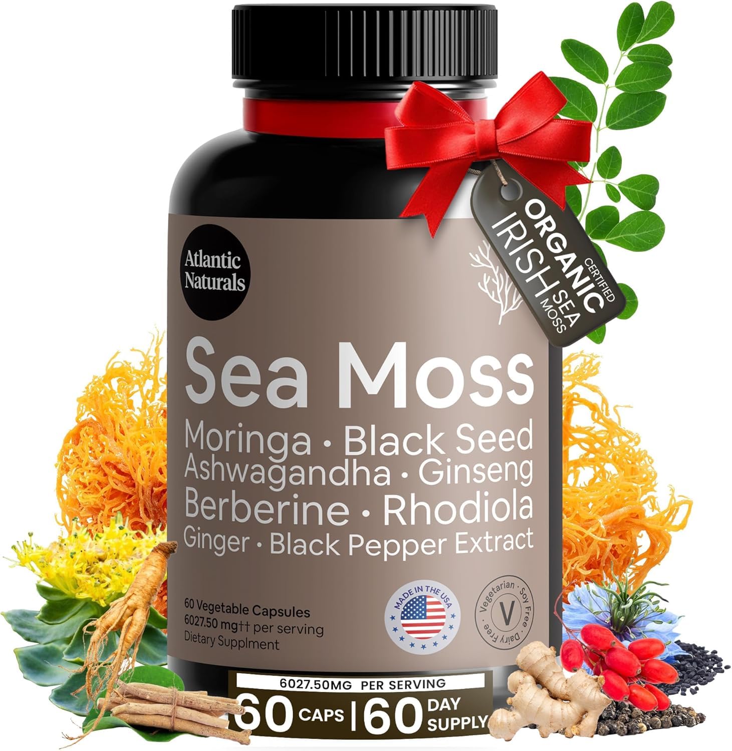 Sponsored Ad - Atlantic Naturals Sea Moss Capsules – Irish Sea Moss with Black Seed Oil, Ashwagandha, Moringa, Ginseng & Ginger for Energy, Vitality & Wellness – Nutritional Supplement – Made in USA – 60 Capsules