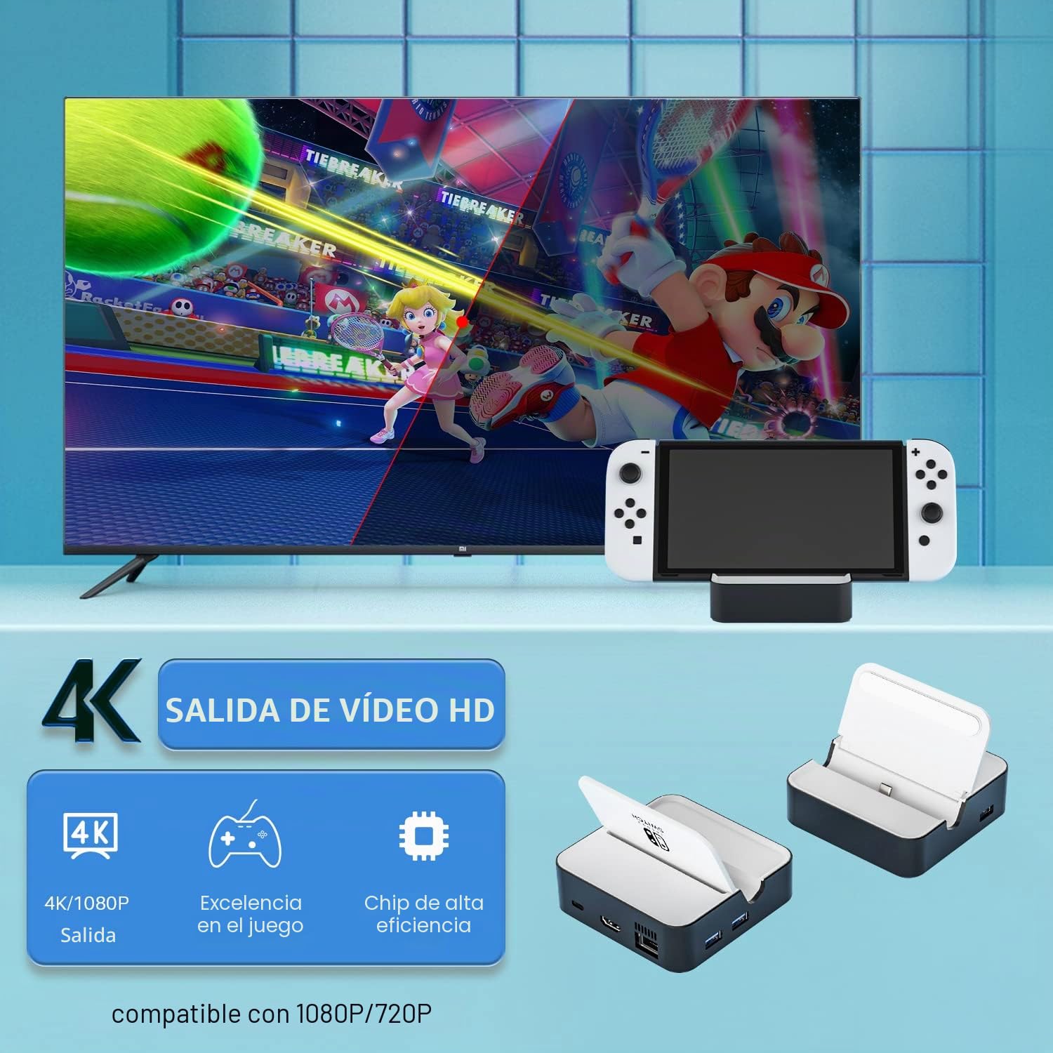 Dock Base para Nintendo Switch/Switch OLED: estación de Carga portátil 6 en 1 con HDMI2.0, Puerto LAN, Puerto Tipo C y 3 Puertos USB, Compatible con Youtube en TV