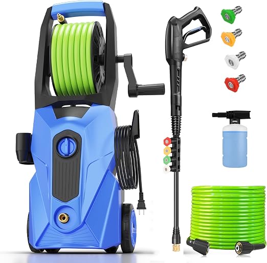 5000PSI Electric Pressure Washer, 2025 New Power Washer with 33FT Flexible Extension Pressure Washer Hose Reel, 4 Nozzles, Professional Powerwashers for Home/Car(Blue)
