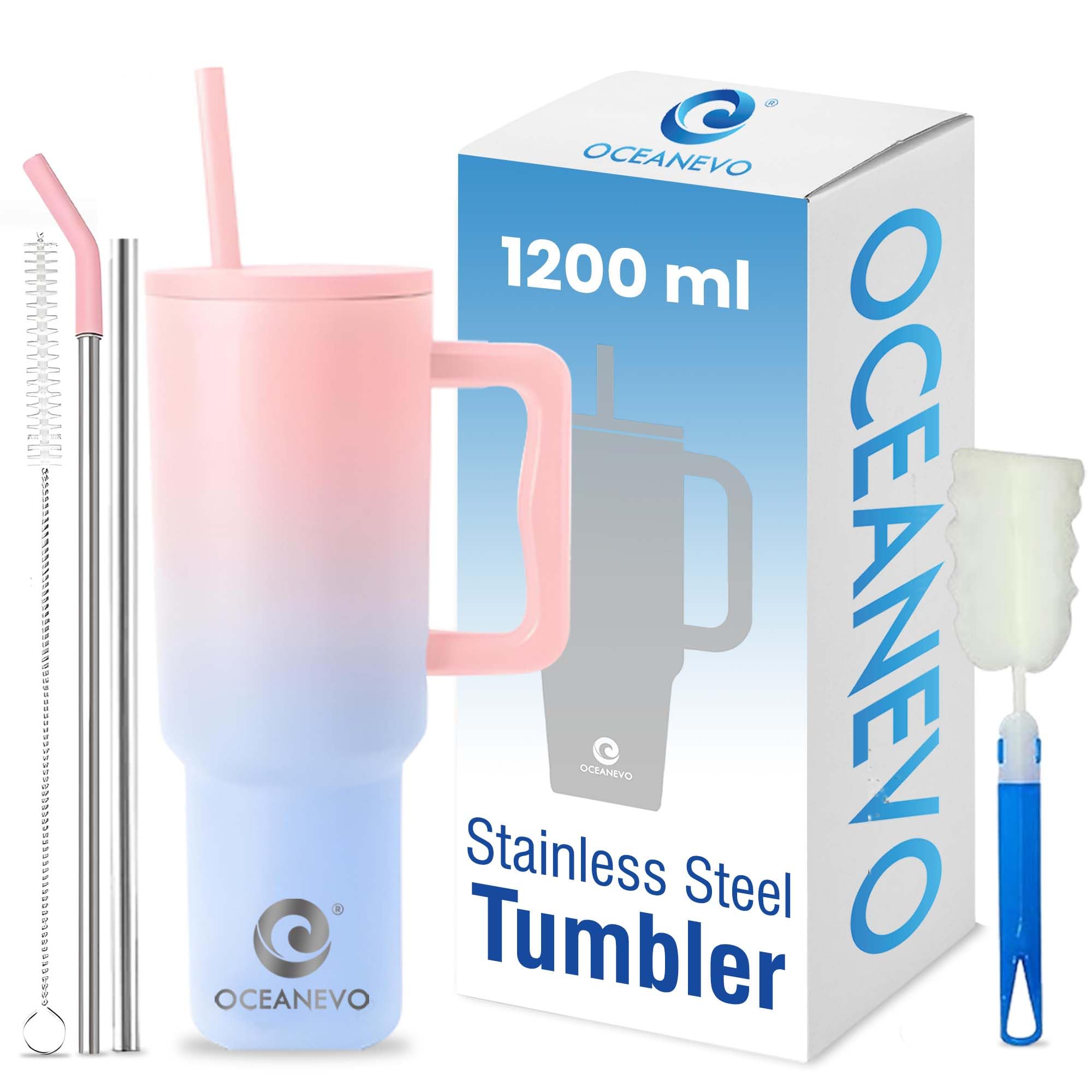 1200 ML Stainless Steel Tumbler with Lid and 3 Straws, Double Insulated Cup with Handle for Hot and Cold, 100% Leakproof Mug for Office, Gym and Travel - Pink and Blue