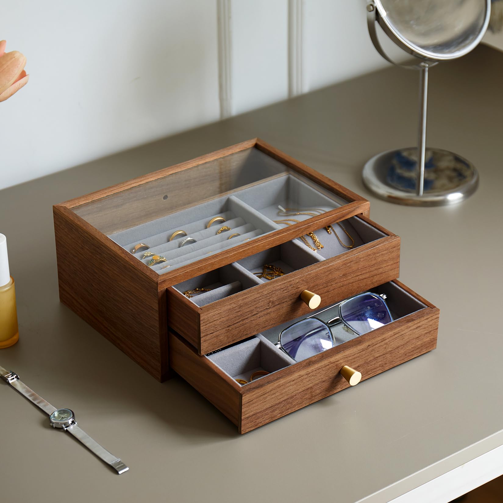 Black Walnut Jewelry Organizers and Storage 2 Layer Wooden Jewelry Boxes for Women for Necklaces Ring Earring 2
