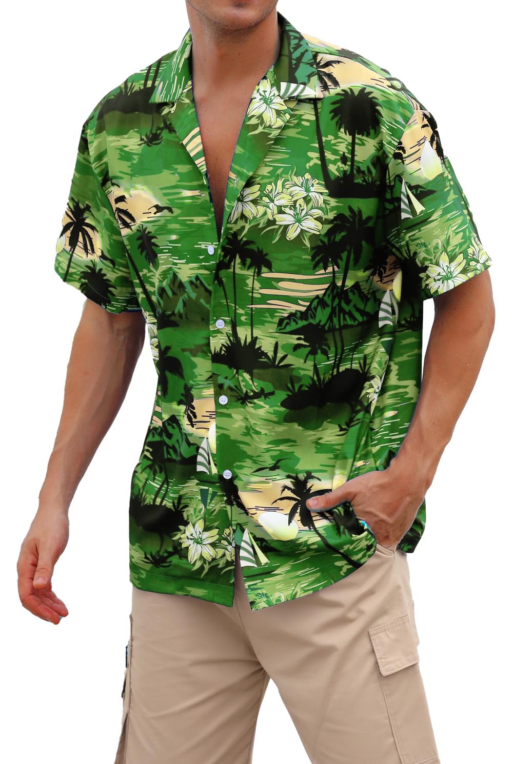 Cromoncent Camicia hawaiana per ragazzo e uomo, a maniche corte, colletto cubano, tropicale, estate, spiaggia, Verde hawaiano, 4XL