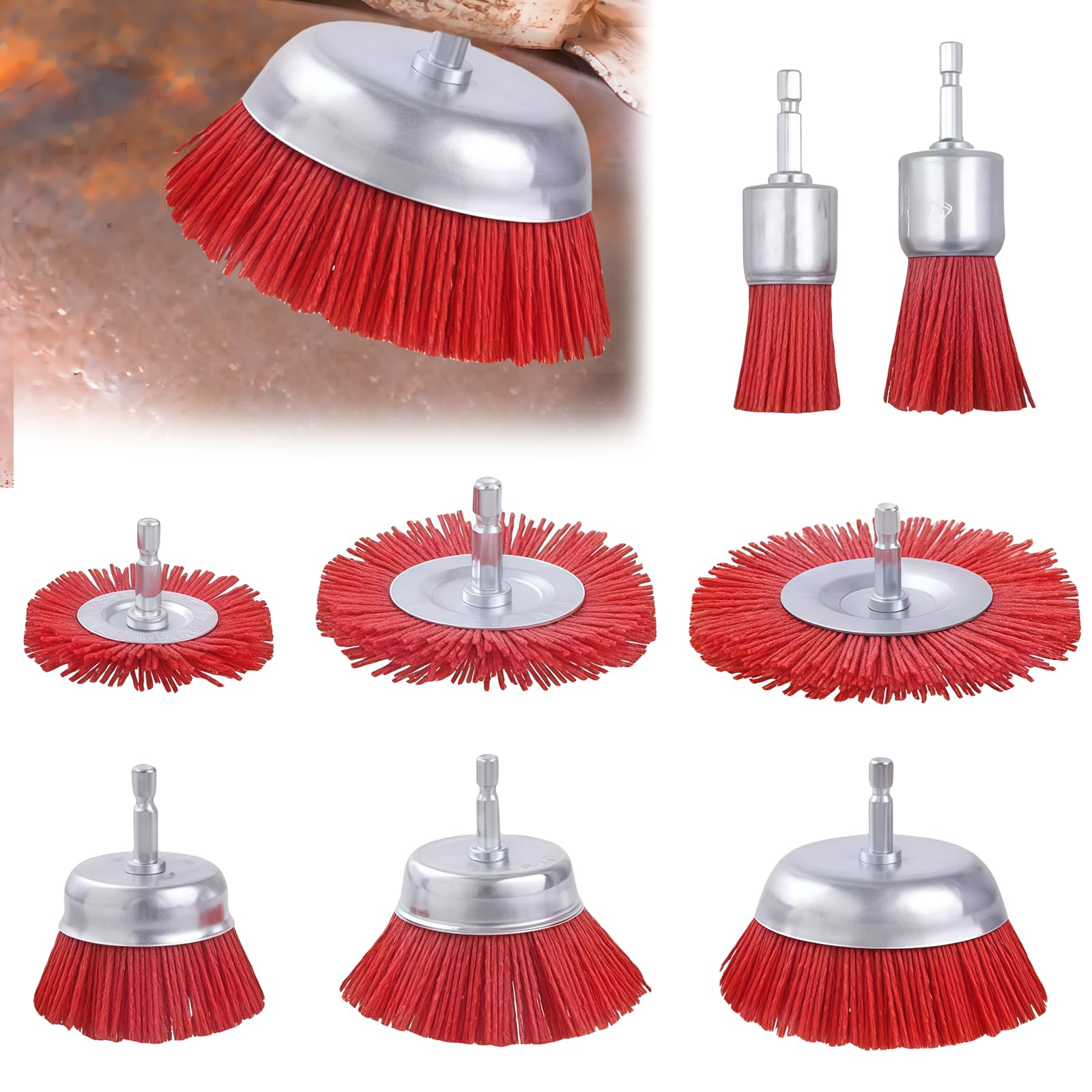 Spazzola in nylon: 8 pezzi in nylon Filamento abrasivo, spazzola a tazza in nylon a grana fine, tipo di ciotola a vite, spazzola in nylon, trapano per la rimozione di colore, pulizia dello