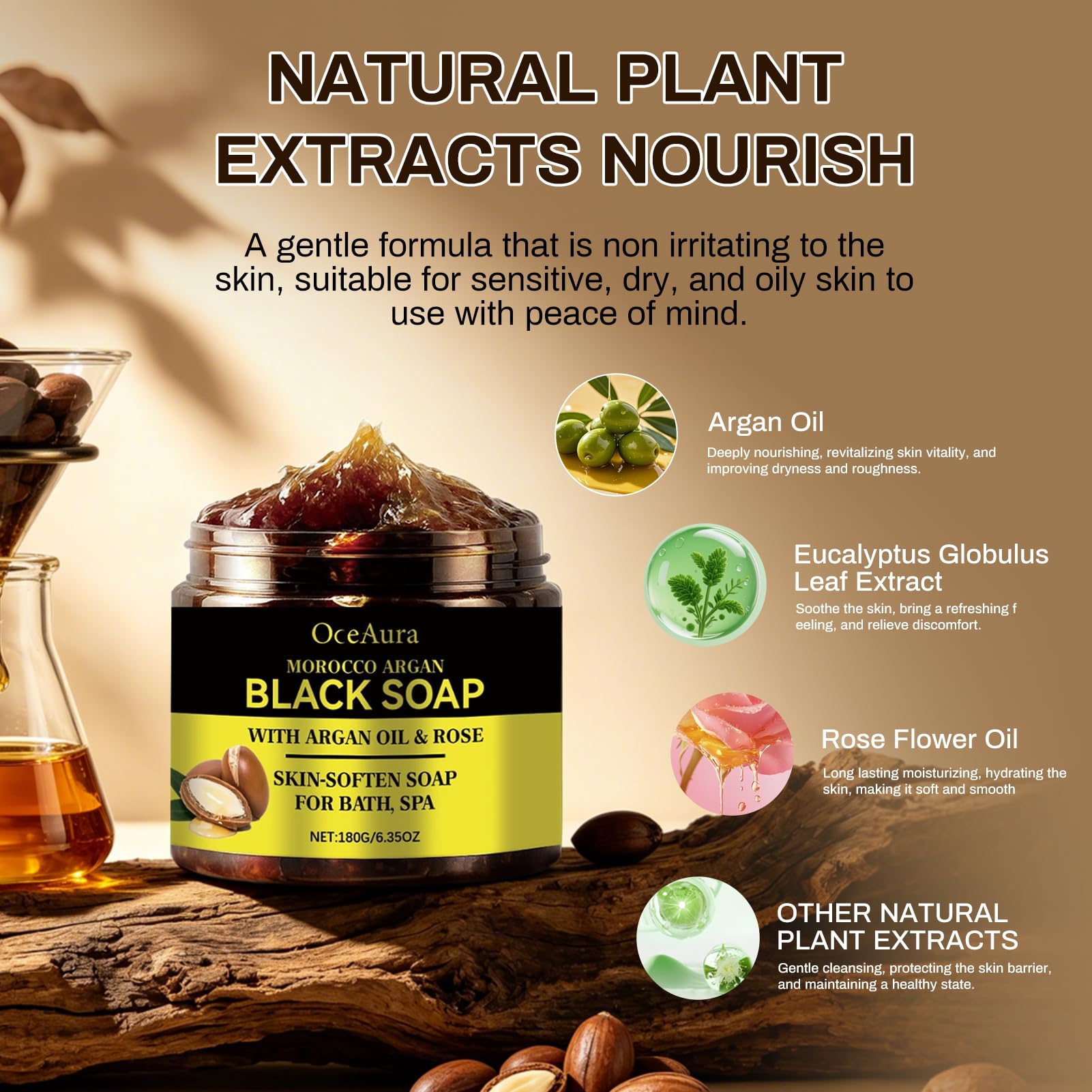 Sapone nero esfoliante marocchino 180g, sapone nero marocchino con argan e rosa, scrub corpo marocchino, sapone nero marocchino biologico con guanto esfoliante per la pelle morbida