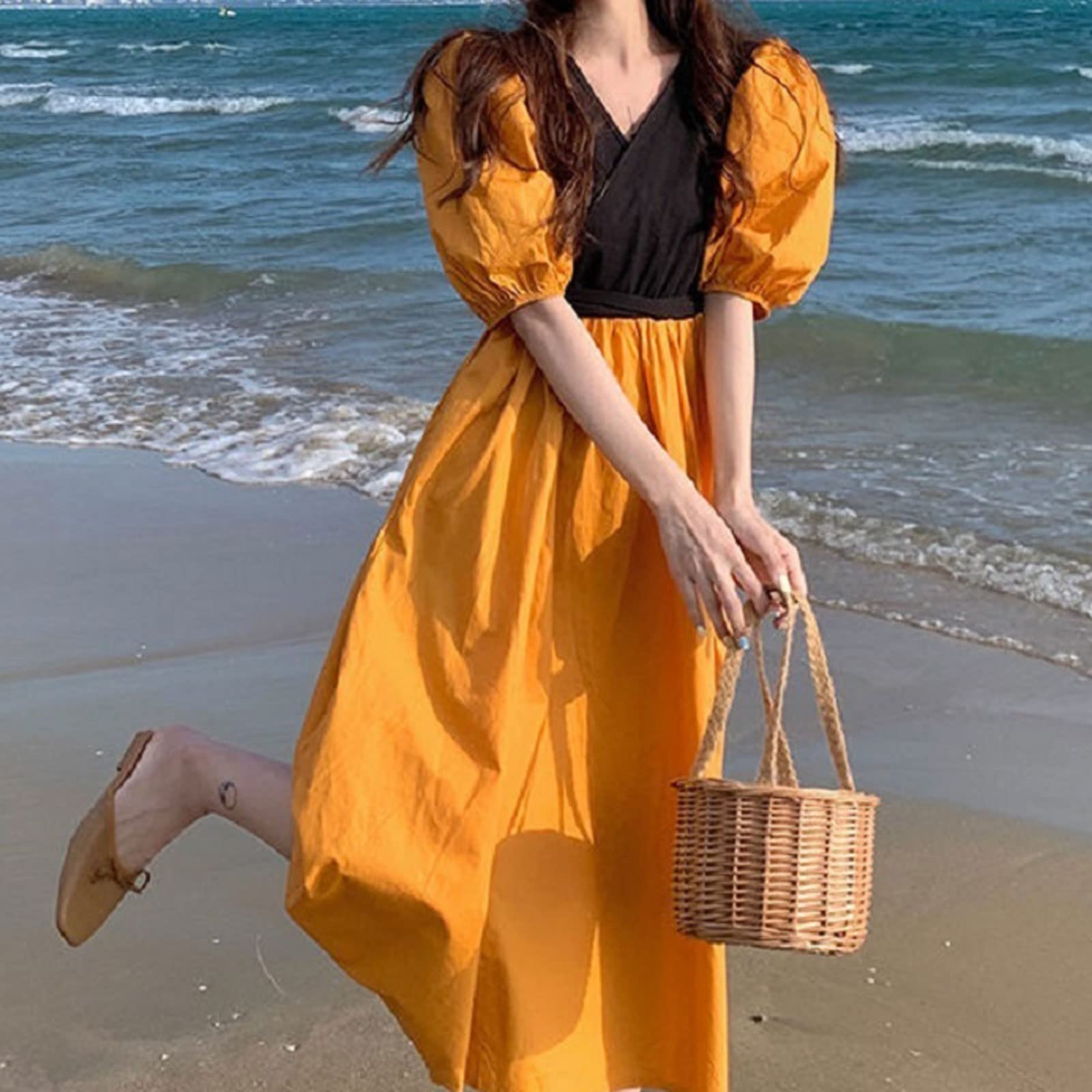 YILDEX Dress, Orange Dresses For Women Summer Color Contrast Fake Two-Piece  Lace up Waist Middle Length Women Dress (Size : XXXL): Buy Online at Best  Price in UAE
