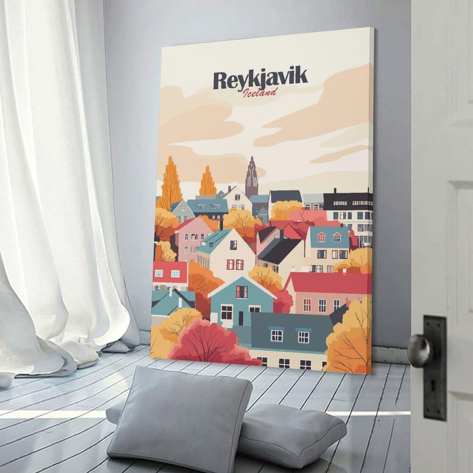 Junmoney Canvas Art Print Reykjavik Cityscape(2), 20x30inch(50x75cm), for Office, Study Or Home Workspace, Home Office Artwork with Decorative Appeal