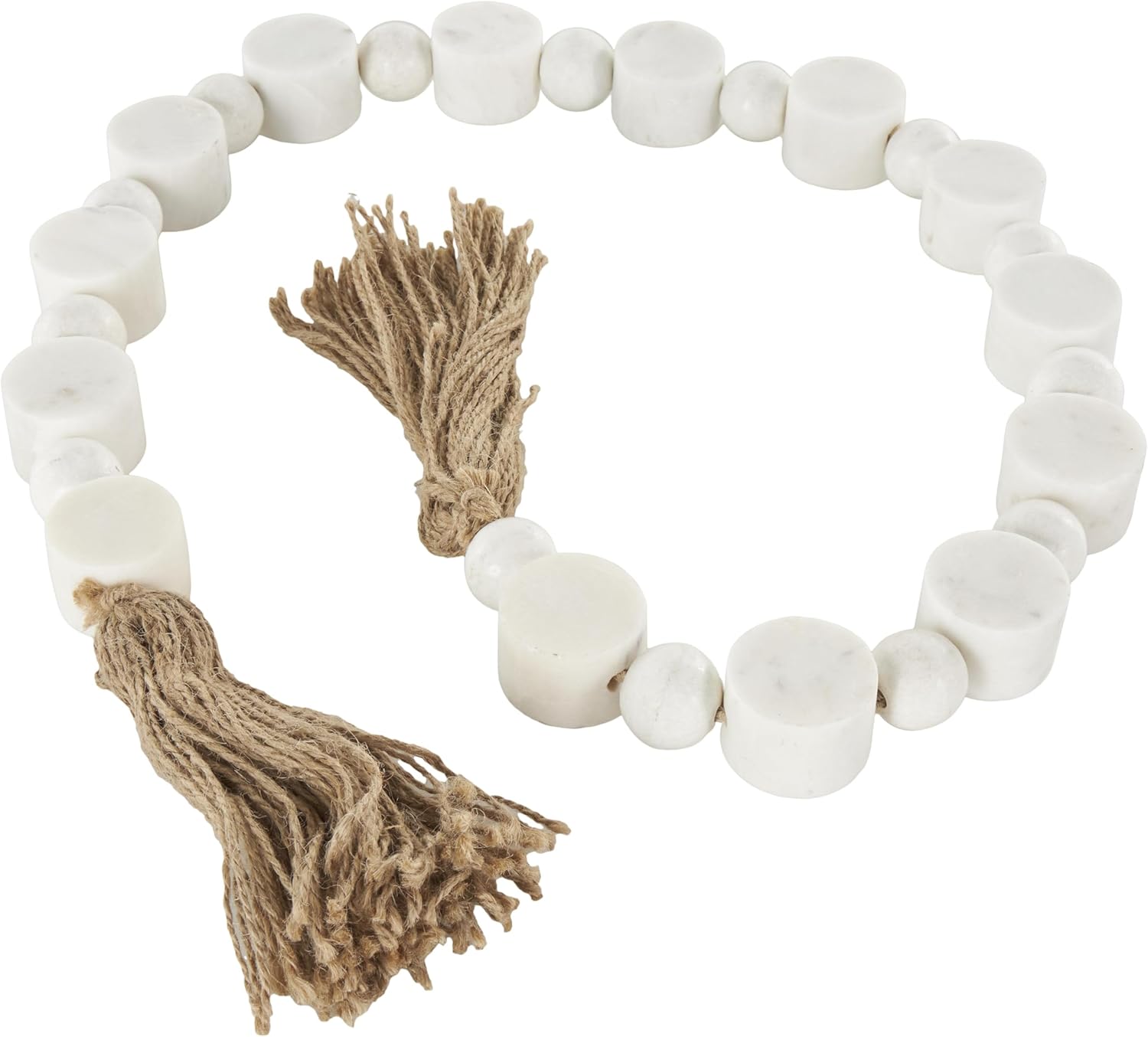 Deco 79 Marble Handmade Beaded Garland with Tassel Round Extra Long Orb Small Beads with Tassel with Knotted Brown Jute, Beads with Tassel 44" x 1" x 1", White