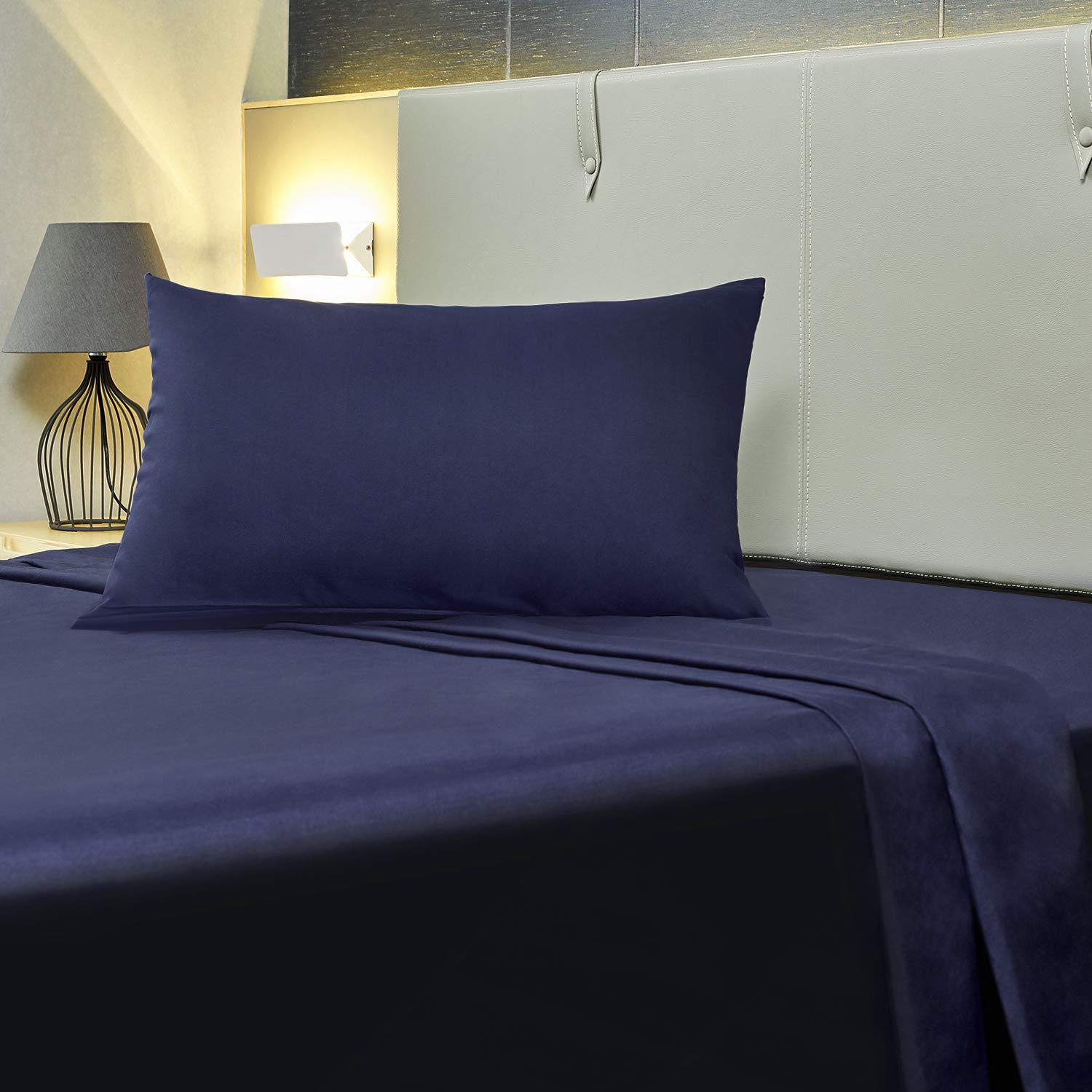 King Size Bed Sheet Set, Allo 3 Piece Brushed Microfiber Bed Sheets 1 Flat Sheet, 1 Fitted Sheet, and 1 Pillowcases Deep Pockets - Extra Soft, Wrinkle, Fade, Stain Resistant, Hypoallergenic - Navy