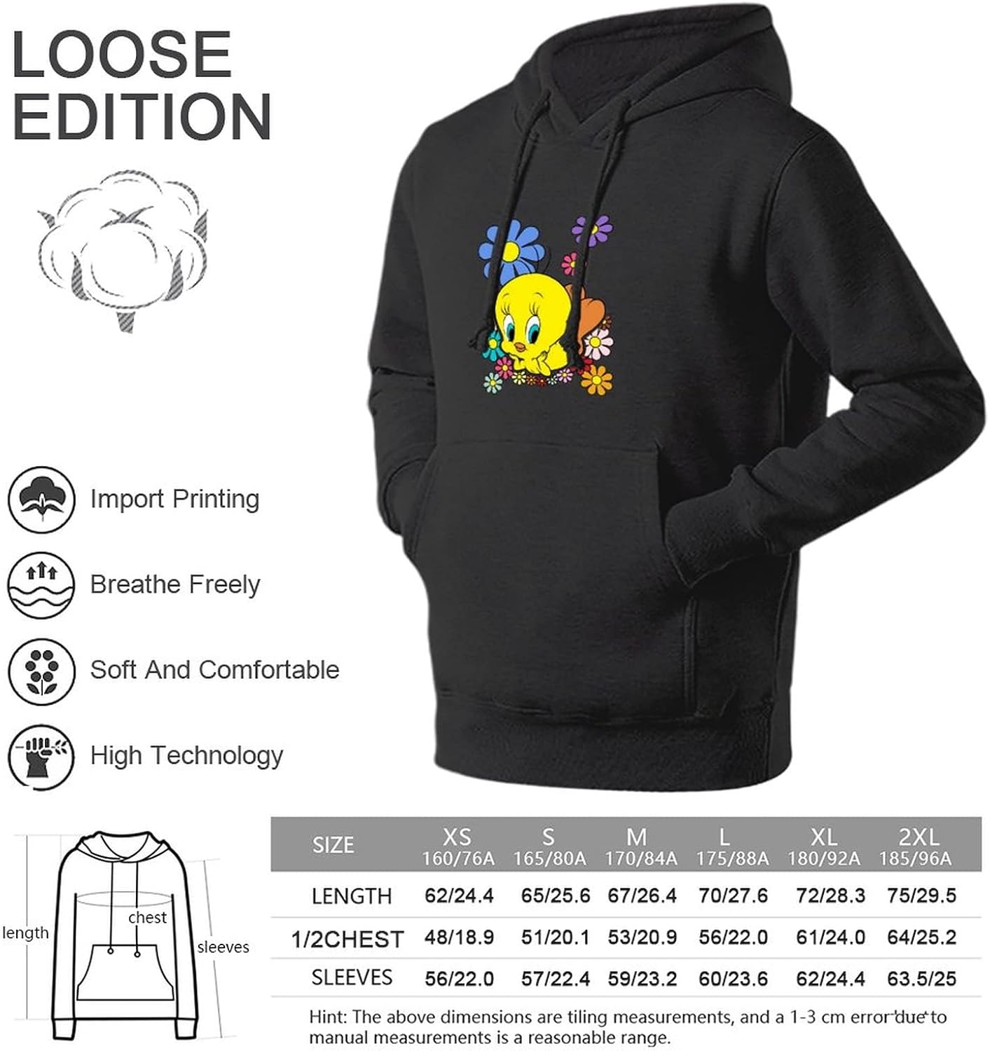 トゥイーティー パーカー メンズ 長袖Tシャツ 裏起毛 プルオーバー ジャージ トップス フード付き スウェット プリント XS-2