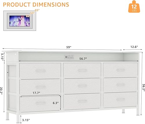 Miniatura 2 de White Dresser for Bedroom with 9 Drawers, Long Dresser TV Stand with LED Lights & Charging Station, Fabric Chests of Drawers for Closet Entryway