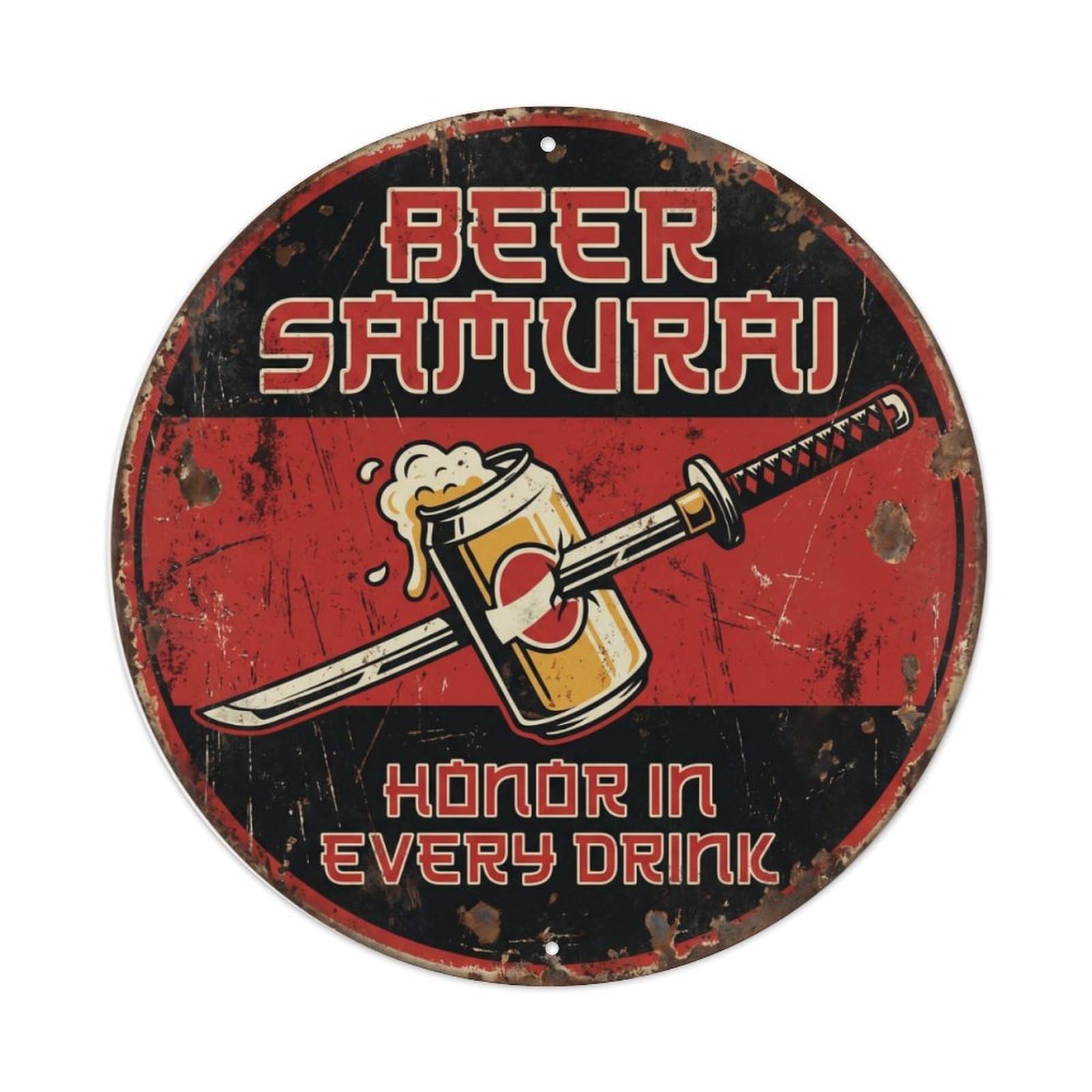 Retro Bar Samurai Honor Lounge Beer Metal Tin Sign Plaque Wall Decor for Cafe, Club Bar, Office, Home Garden Round Metal Poster 8x8Inch