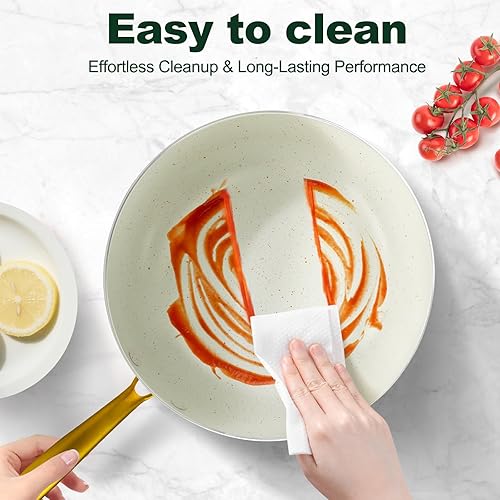 Miniatura 7 de Juego de ollas y sartenes antiadherentes, juego de utensilios de cocina de inducción de granito blanco, juego de cocina antiadherente con mango