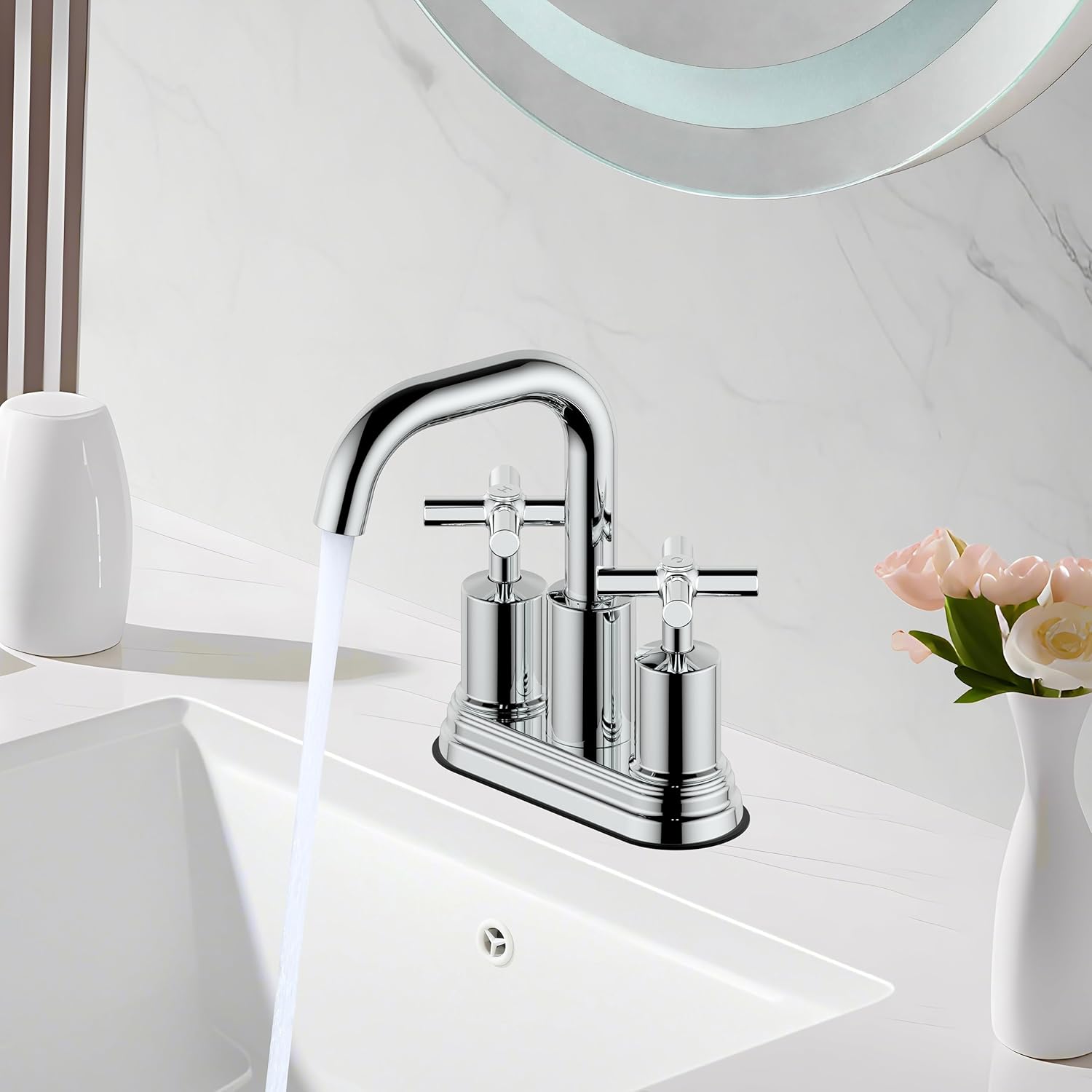 Two Handle Lavatory Faucet 4-inch Centerset Bathroom Sink Faucets with Drain Assembly for 3 Hole Sink Polished Chrome Finish DF-4303CCH-CP Duttao