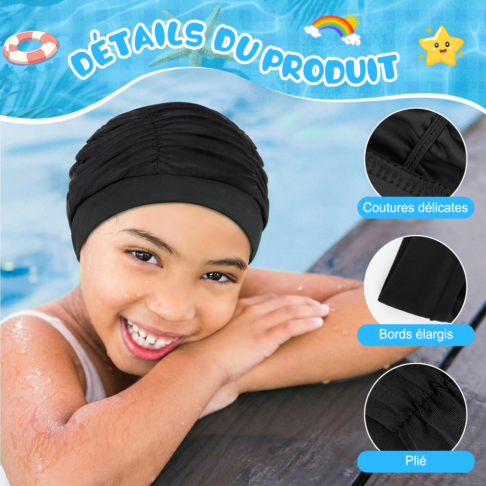 Kiiwah 2 Pièces Bonnet de Bain Enfant, Bonnet de Piscine en Tissu Plissé Extensible et Confortable pour Cheveux Longs et Courts Fille et Garçon, Conçu pour la Durabilité et sans Nœuds - 4