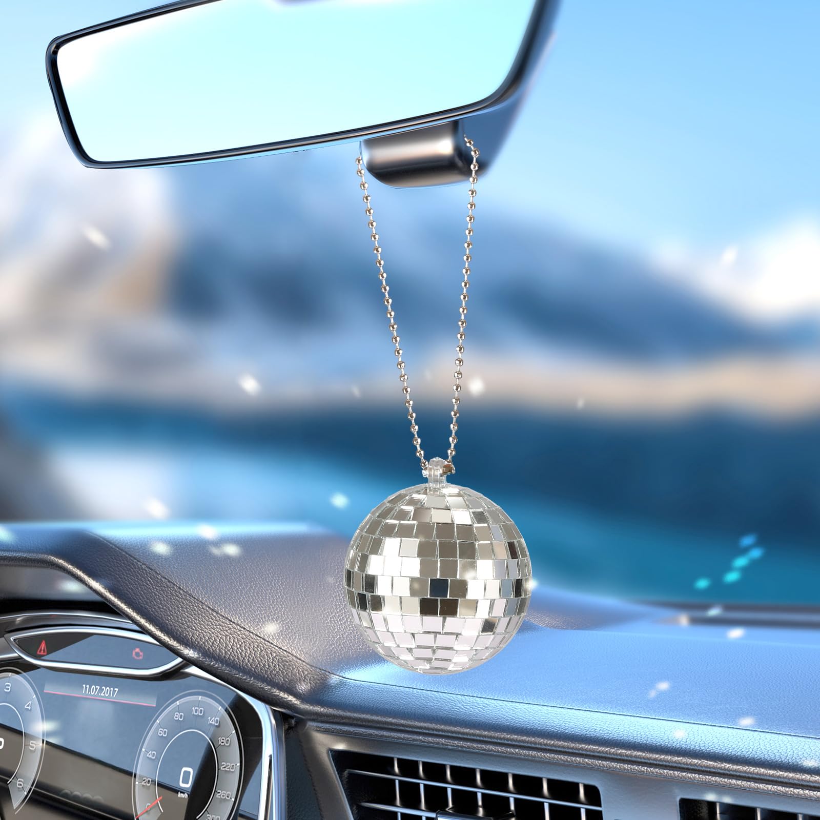 Mirror Disco Ball Hanging Car Accessory - Rear View Mirror Hanging - Silver (1.9 inch)