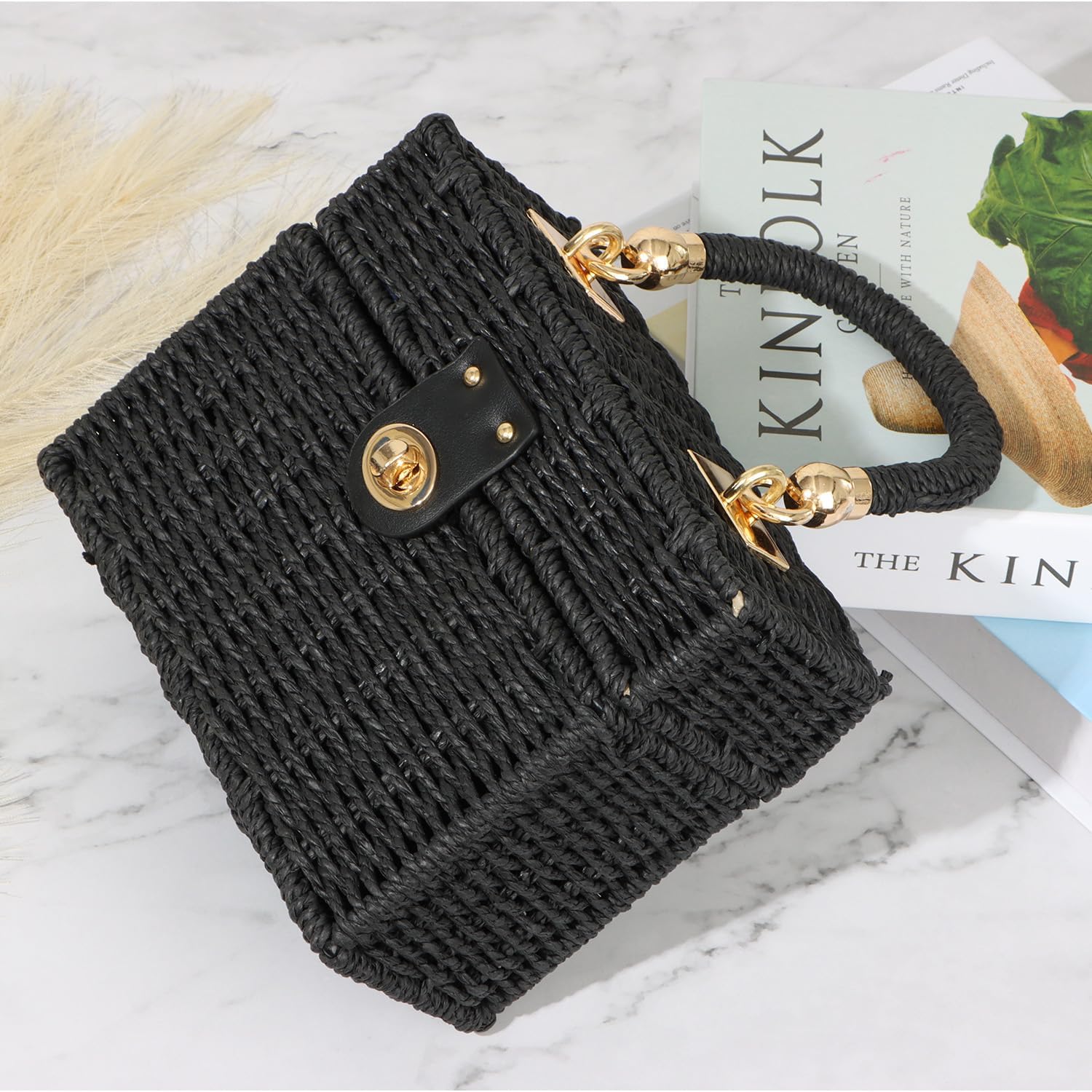 KUANG! Handwoven Rattan Bag for Women Woven Straw Square Crossbody Bag Vintage Basket Purse Beach Tote Bag - Image 3