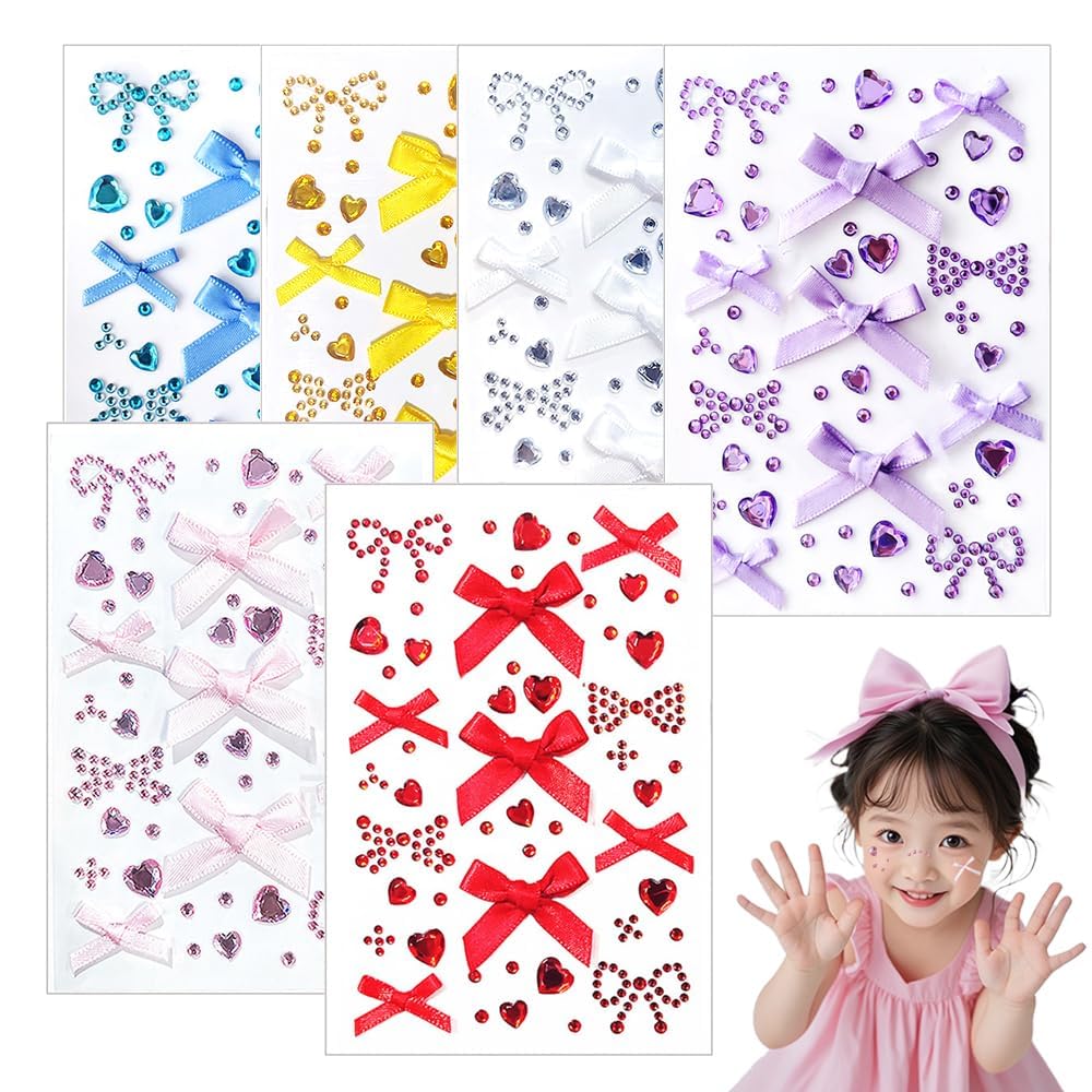 Flavizo 6 Sheets Face Stickers with 3D Bow and Heart Design | Self-Adhesive Rhinestones for Face & Hair Decoration, Makeup, Festivals & Parties