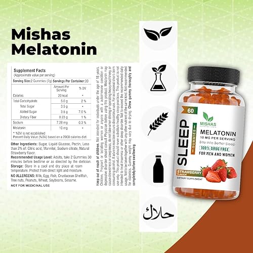 Miniatura 2 de Mishas Nutraceuticals - Gomitas de melatonina para adultos, suplemento de melatonina de 10 mg, 60 gomitas con sabor a fresa, proporciona hasta 30