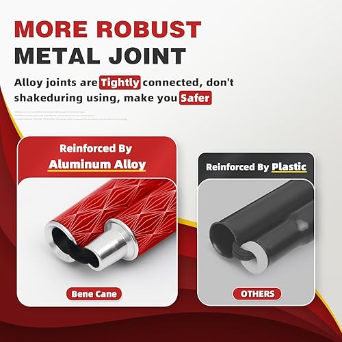 Vista 6 de BeneCane Bastón plegable para mujer con dos luces LED, bastón cuádruple con base estable, ligero y ajustable Rojo tallado