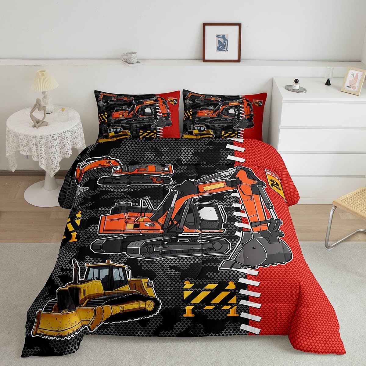 Cartoon Tractor Kids Comforter Set,Yellow Red Construction Vehicle Bedding Sets for Boys Teens Adults,Red Plaid Gray Black Camo Comforter Duvet Set with 1 Pillowcase Twin Size 2 Pcs