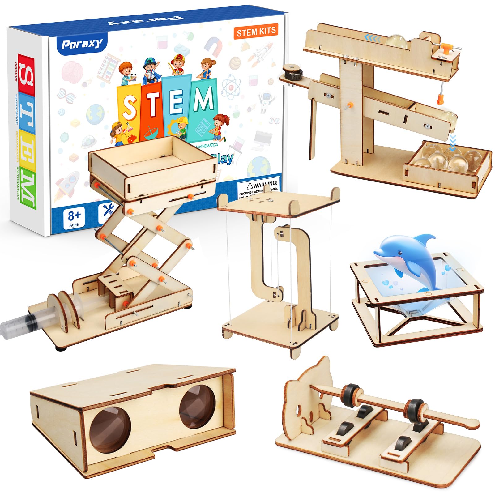 Poraxy 6 in 1 STEM Kits for Kids Age 8-10, Science Building Educational Experiment Projects 8-12, 3D Wooden Puzzles Crafts, Toys for Age 8-13, Gifts for Boys and Girls 6 7 8 9 10 11 12 13 Years Old