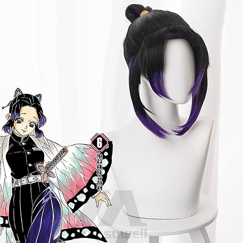 Miniatura 3 de Pelucas de cosplay de pelo corto negro y morado peluca de anime para mujeres para Halloween, carnaval, fiesta de disfraces con gorra de peluca