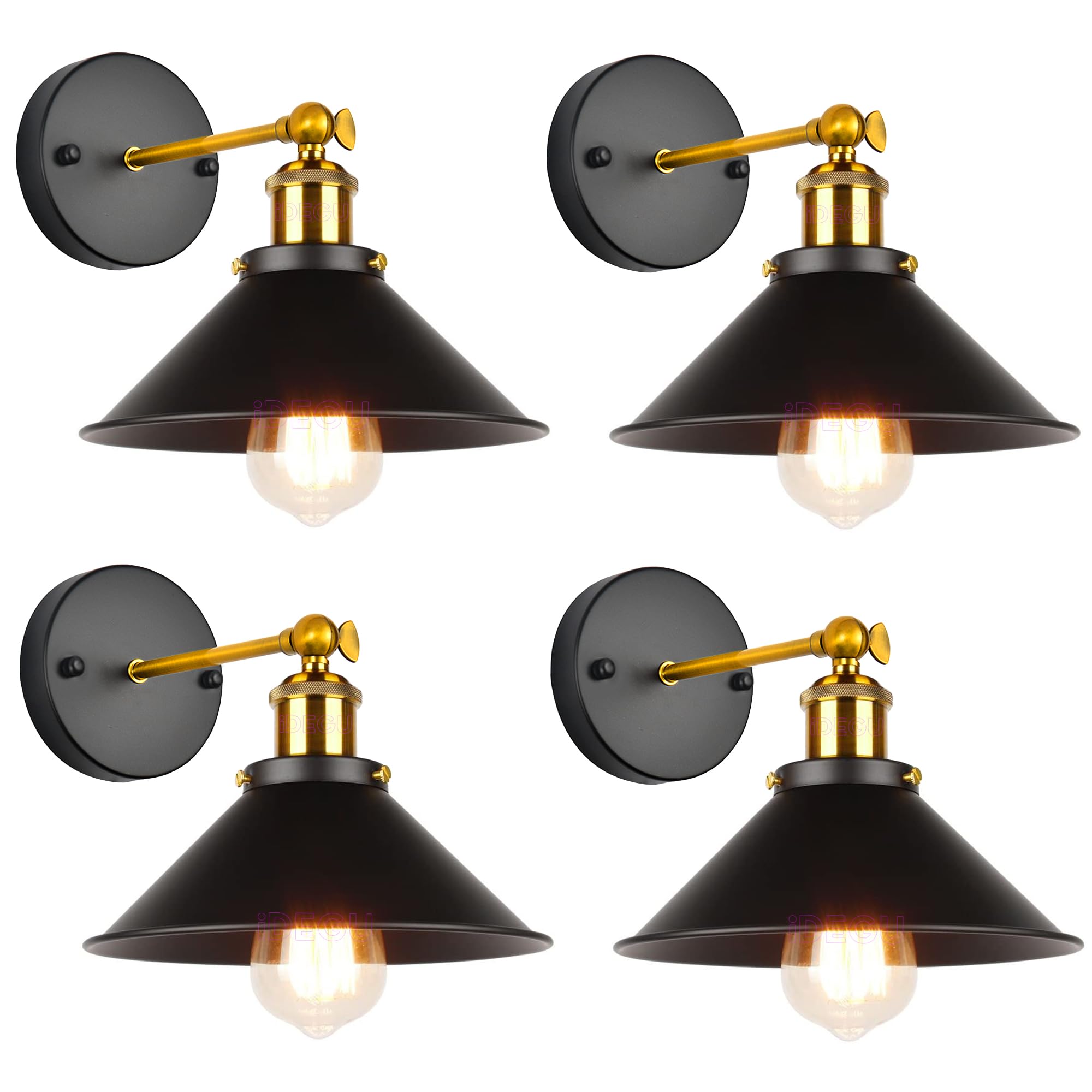 iDEGU Wandleuchte Industrielle Vintage Wandlampe Deckenleuchte Edison-Stil Metall Retro Lampe mit 180° Drehung E27 Fassung, 22 cm Lampenschirm (4x Schwarz)