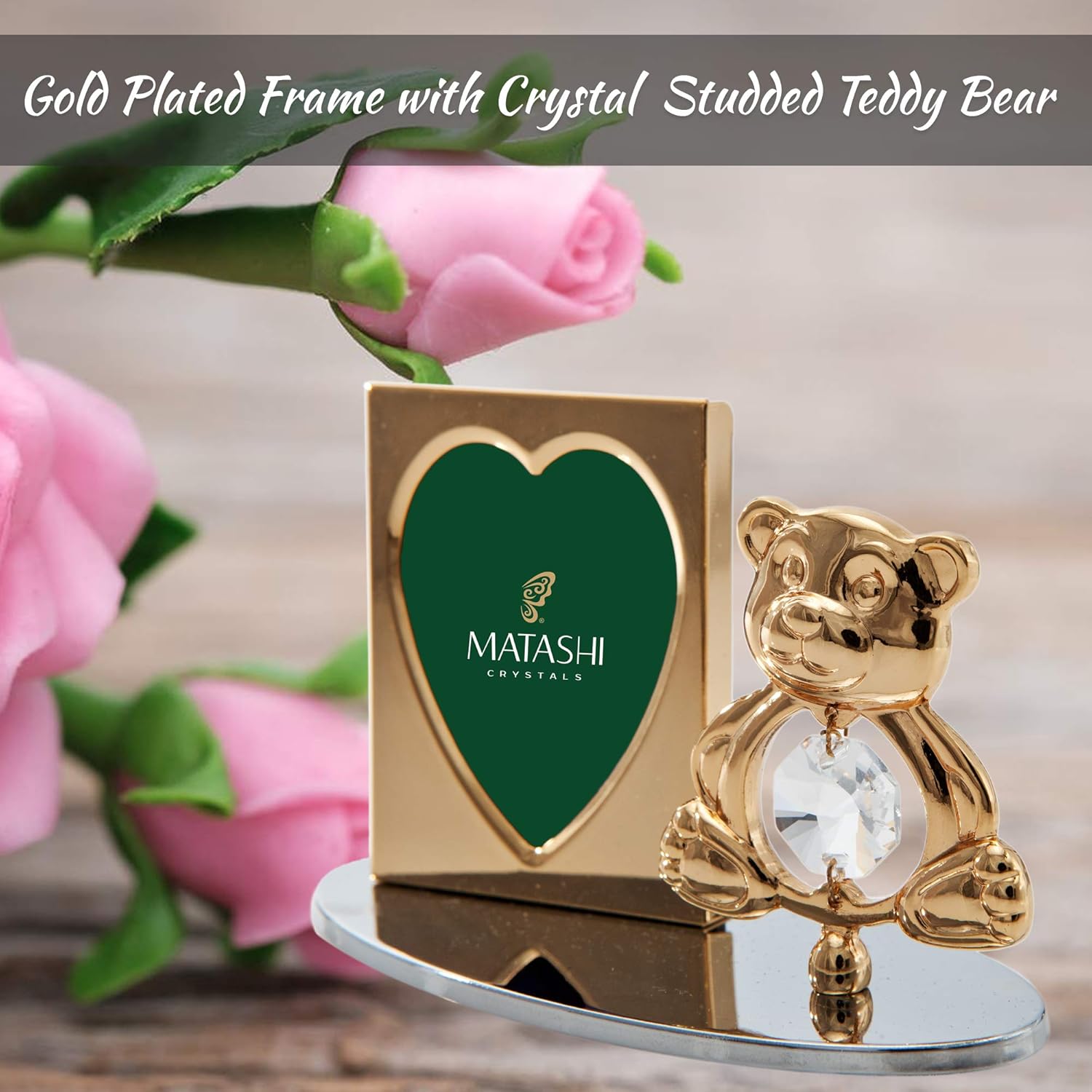 Matashi 24k Gold Plated Picture Frame Desk Set with Crystal Studded Teddy Bear Figurine on Base Decorative Tabletop Living Room Showpiece Gift for Christmas Birthday Valentine's Day Anniversary