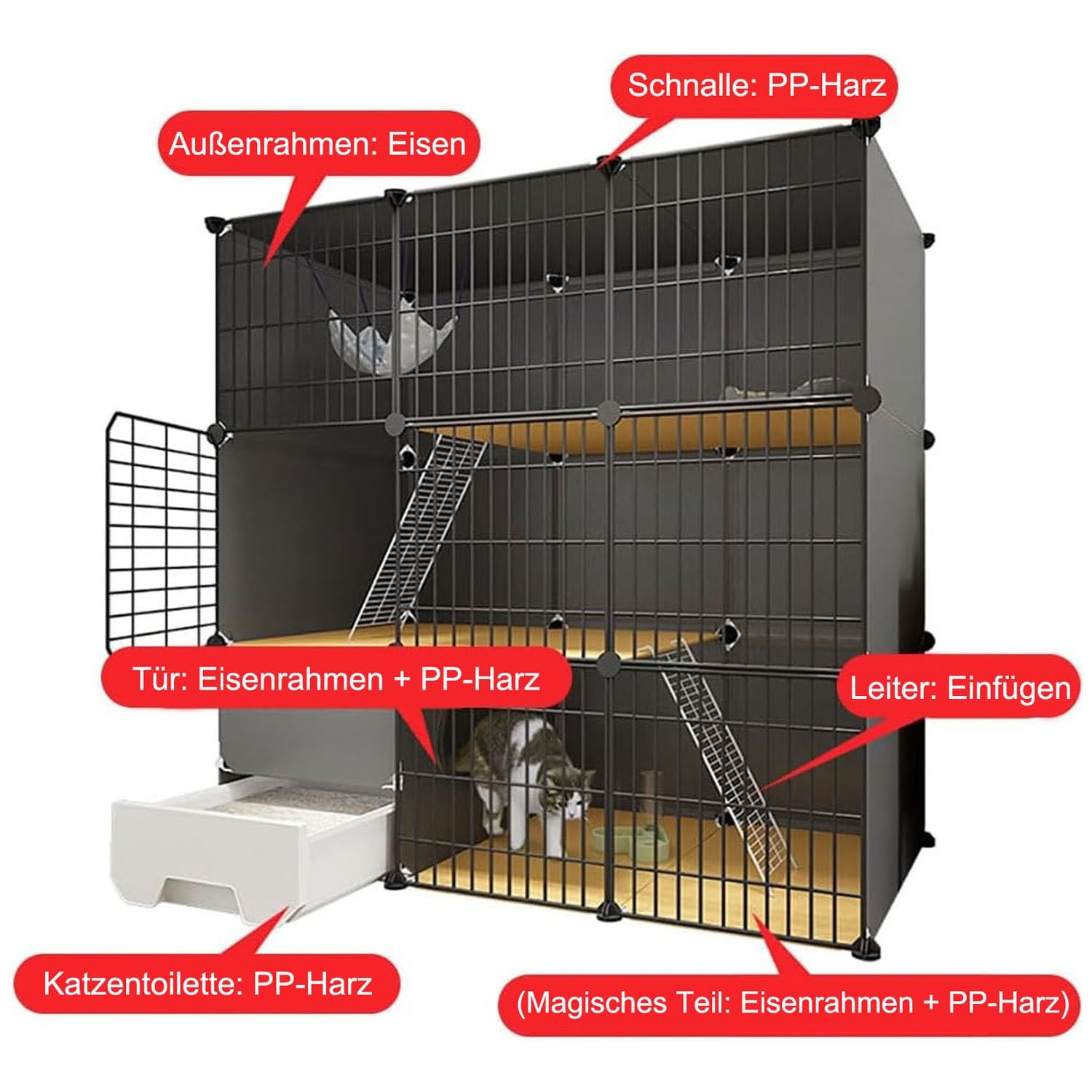 Gabbia per Gatti, recinto per Gatti da Interno, Gabbia Fai da Te per Gatti con lettiera Estraibile, Pannello in PVC + Struttura in Metallo, Facile da Pulire (Dimensioni: 147x49x109 cm)