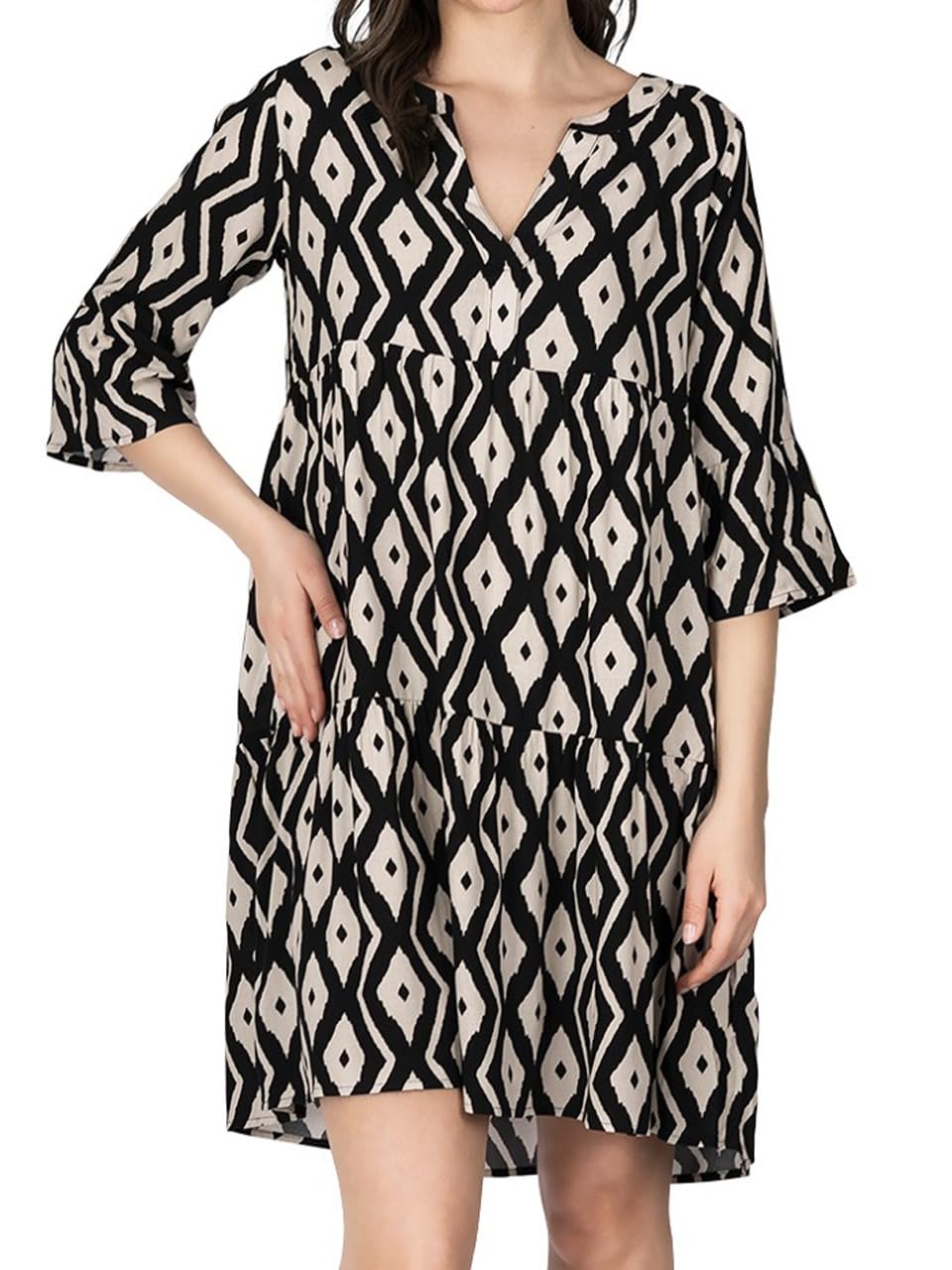 DENIMFY Sommerkleid Damen Knielang A Linie DFFrida 3/4 Ärmel Strandkleid Boho Tunika Kleid Sommer Midikleid Freizeitkleid 100% Viskose Braun Rose Blau Schwarz Grün Grau S-M M-L L-XL