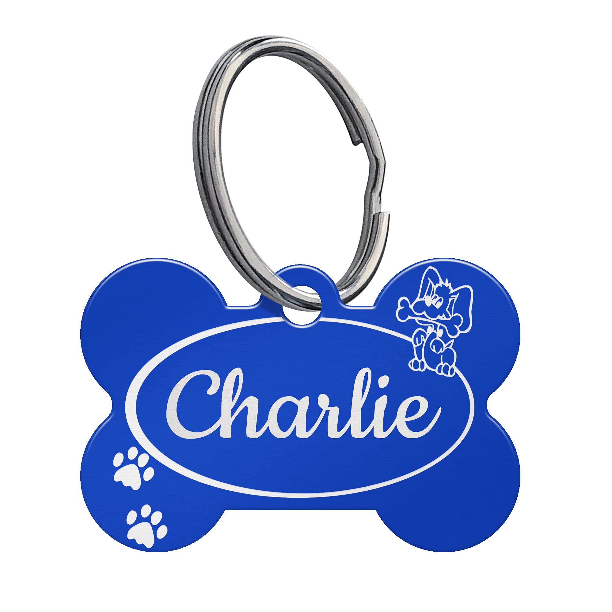 Anodized Aluminum Pet Tags, Custom Engraved Bone-Shaped Dog Tags in Attractive Colors and Designs (Navy Blue, Puppy with Bone)
