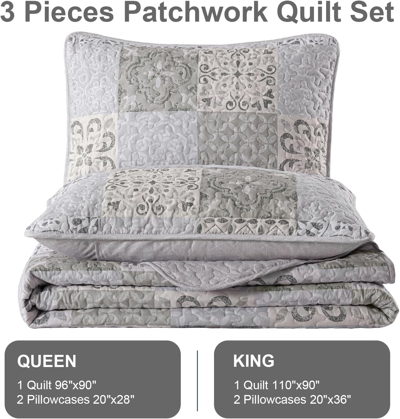 Dobuyly King Size Quilt Set Boho, Grey Plaid Patchwork Reversible Bedspreads Coverlet Set, 3 Pieces Soft Lightweight Microfiber Neutral Quilt Bedding Set for All Seasons 110"x90" - Image 7
