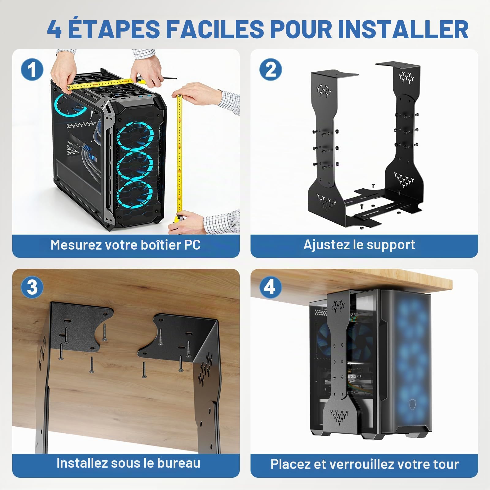 Support pour ordinateur sous bureau avec capacité de charge de 35 kg, hauteur réglable (34 à 65 cm), support universel pour tour d'ordinateur pour bureau, maison et lieux de travail - Noir