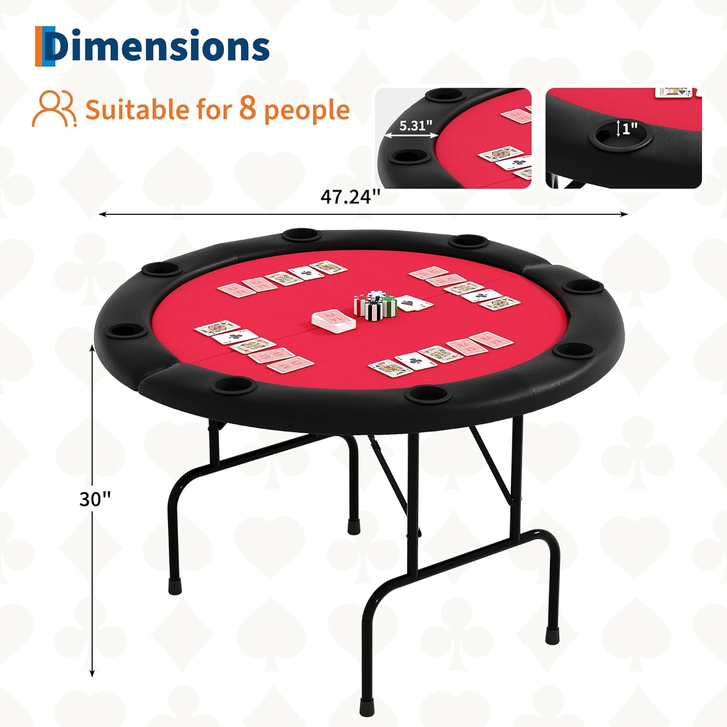 GarveeHome 48 Inch 8 Player Round Folding Poker Table with Cup Holders, Casino Grade Felt Surface for Texas Holdem & Blackjack, Portable Card Game Table for Home Use, Man Cave & Parties