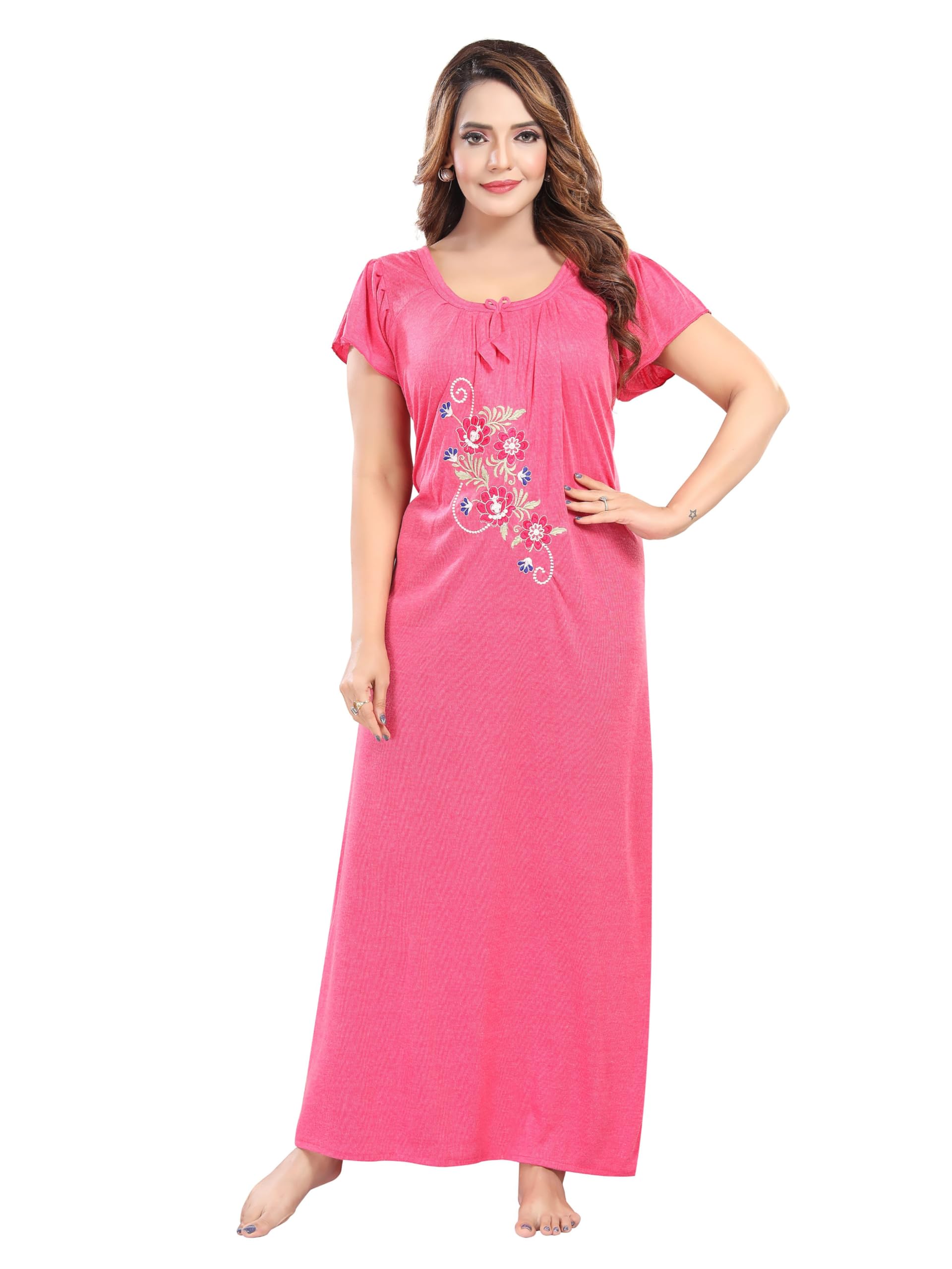 Women's Hosiery Cotton Nighty| Half Sleeves | Night Wear | Maxi for Women | Size-X-Large, Round Shaped Neck (Article-HS-170) Pink-picture-40