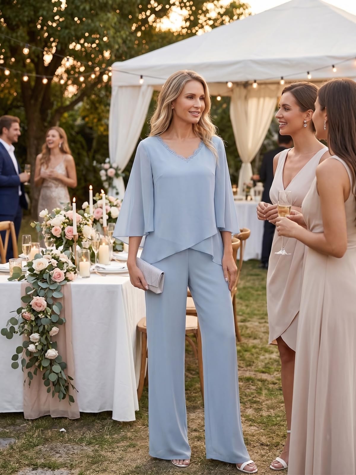 Hosenanzug Damen Festlich Hochzeit Elegant Chiffon 2 Teiler Spitze Brautmutter Hosenanzüge Rüschen 3/4 Ärmel Formelle Abend Hosen Set