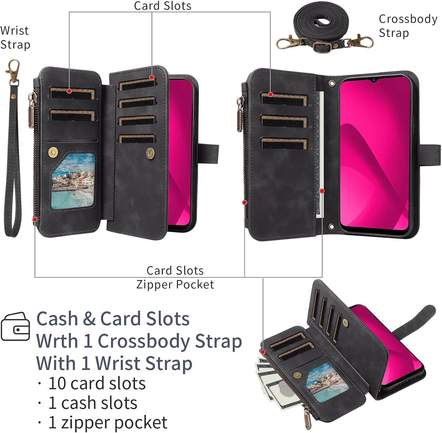 Asuwish Phone Case for T-Mobile Revvl 7 5G Zipper Wallet Cell Cover with Tempered Glass Screen Protector Crossbody Strap Flip Credit Card Holder Tmobile Revvl7 T Mobile Revel Tmo Revell Rebel Black