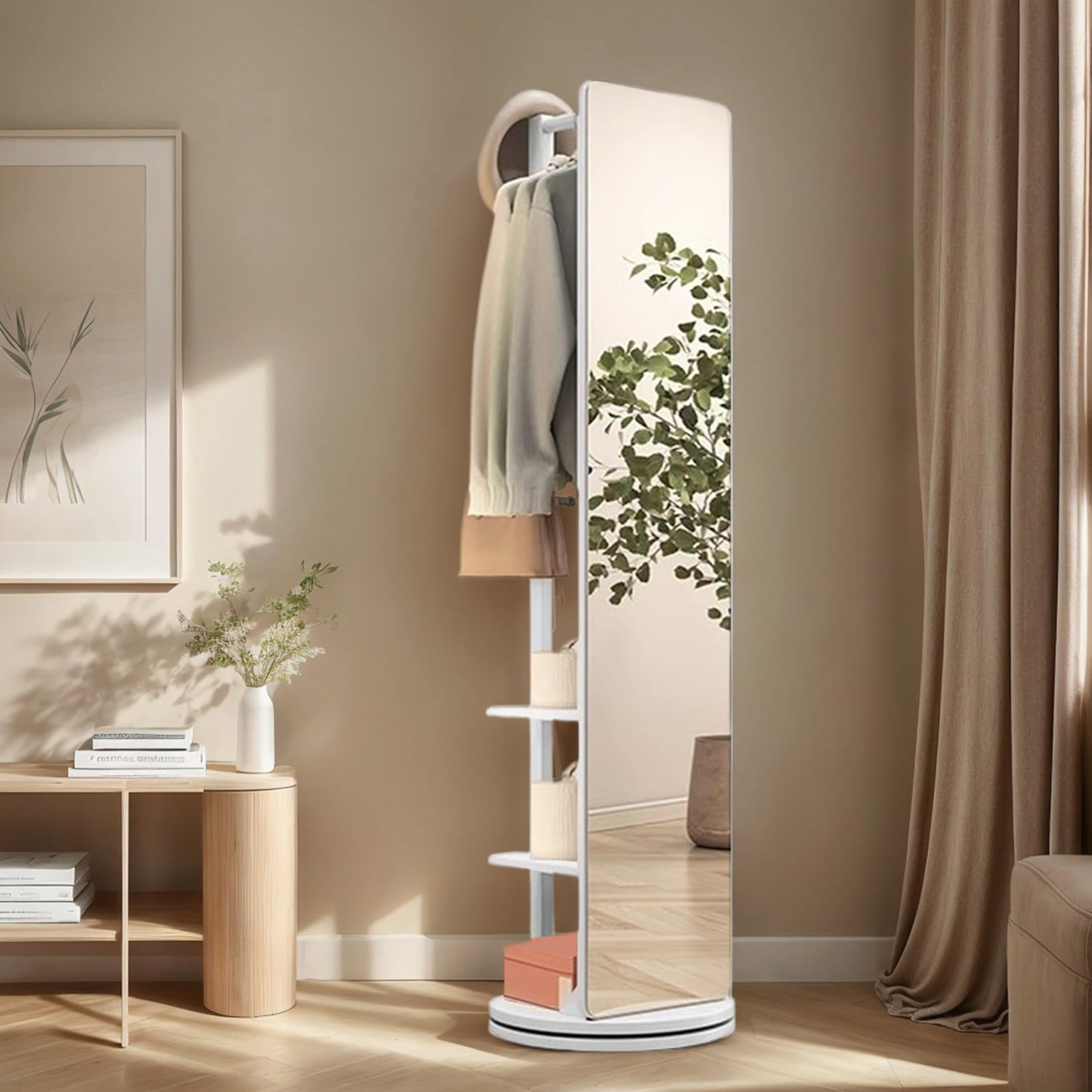 Girevole Full Body specchio appendiabiti ganci, Specchio a figura intera in legno massello rotante a 360° , 2-in-1 in piedi specchi con appendiabiti, per soggiorno Camera da letto Guardaroba