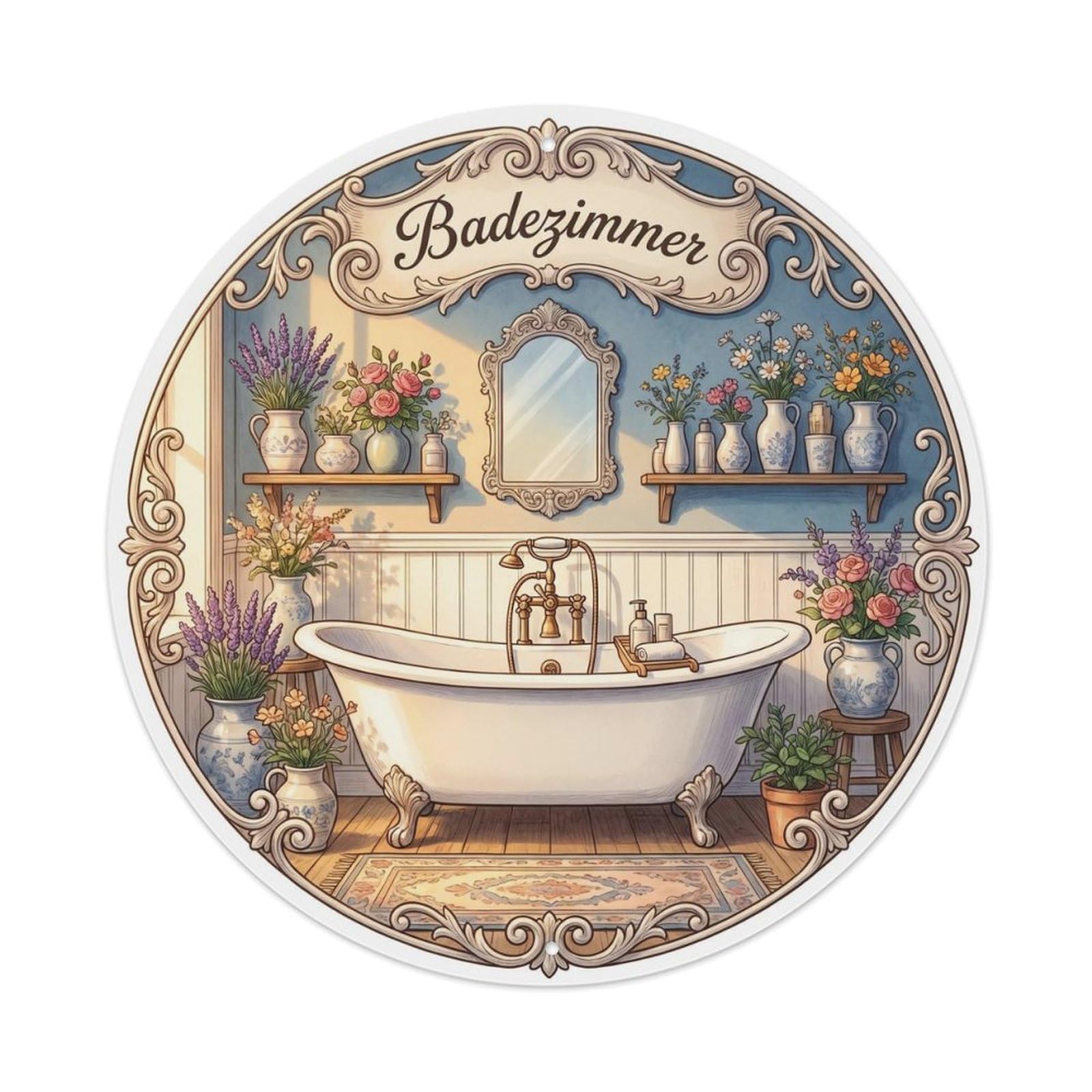 Badezimmer Floral Cottage Bathroom Wall Vintage Metal Tin Sign Plaque Wall Decor for Cafe, Club, Garden Round Metal Poster 8x8Inch
